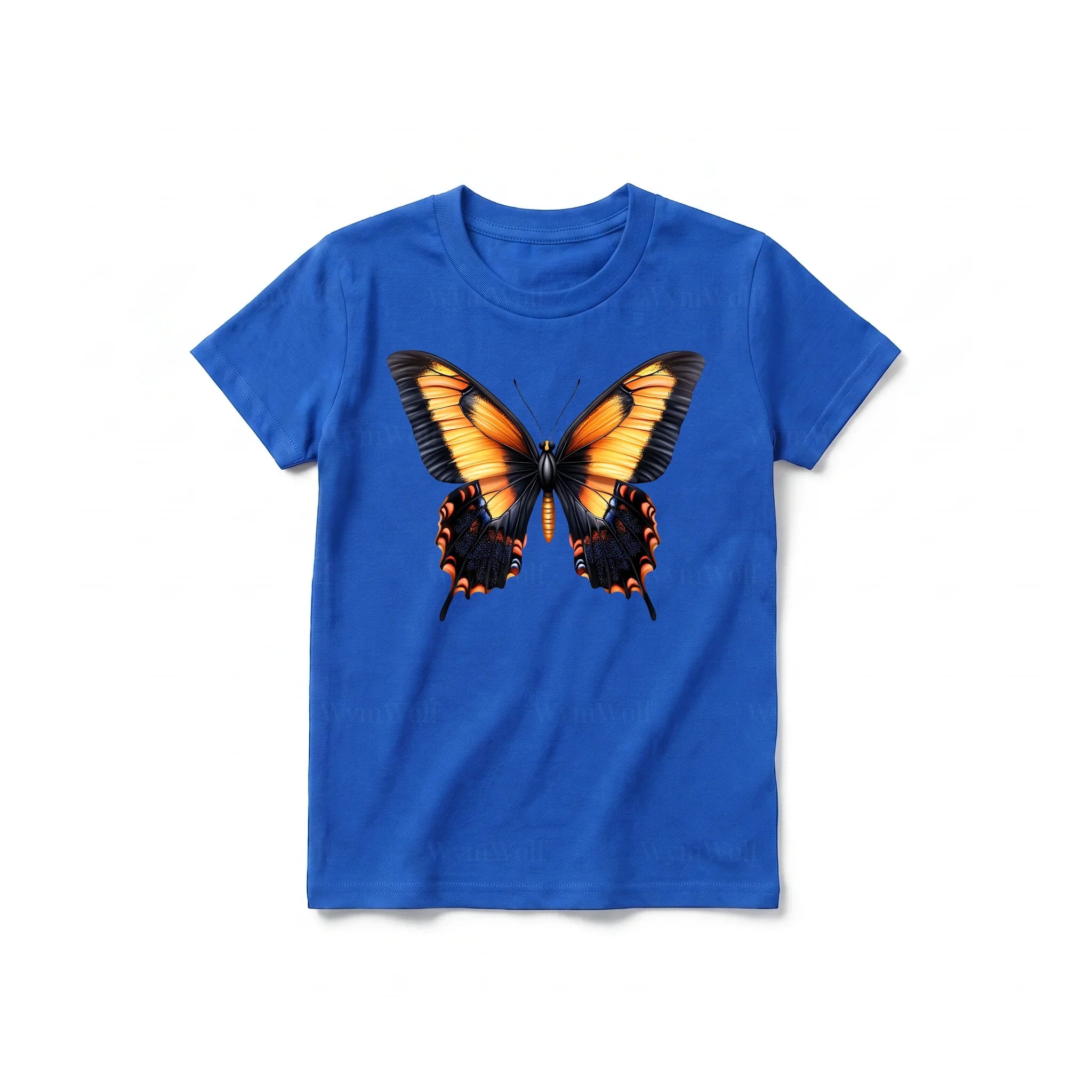 Un T-shirt royal à manches courtes et col rond pour jeune, orné d'un motif représentant un arthropode sur le devant.