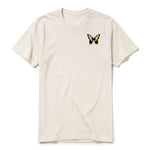 A vintage-white short-sleeve crewneck t-shirt for adult featuring a graphic of a arthropods animal on the left chest.