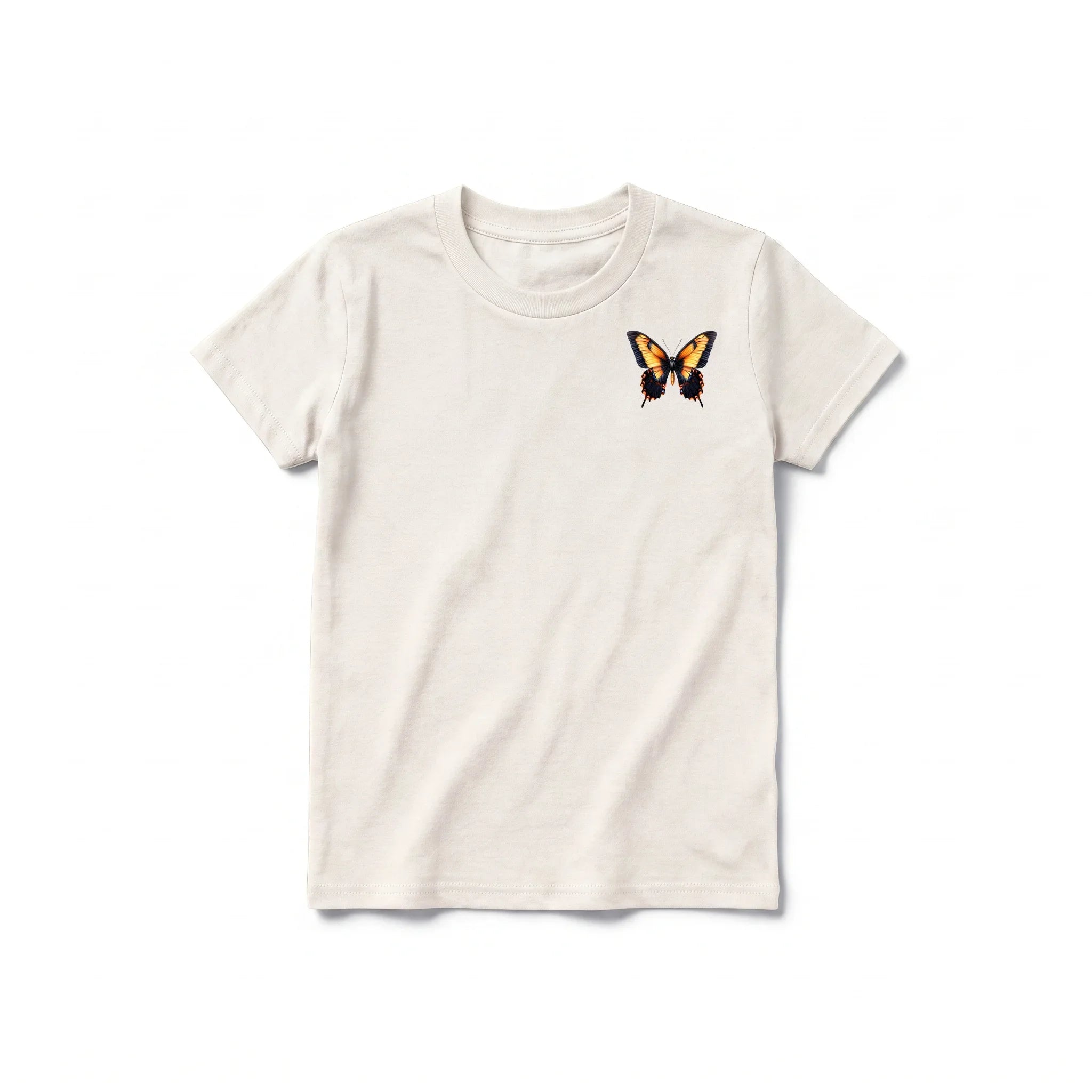 A vintage-white short-sleeve crewneck t-shirt for youth featuring a graphic of a arthropods animal on the left chest.