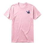 A pink short-sleeve crewneck t-shirt for adult featuring a graphic of a arthropods animal on the left chest.
