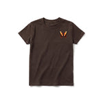 A chocolate short-sleeve crewneck t-shirt for youth featuring a graphic of a arthropods animal on the left chest.
