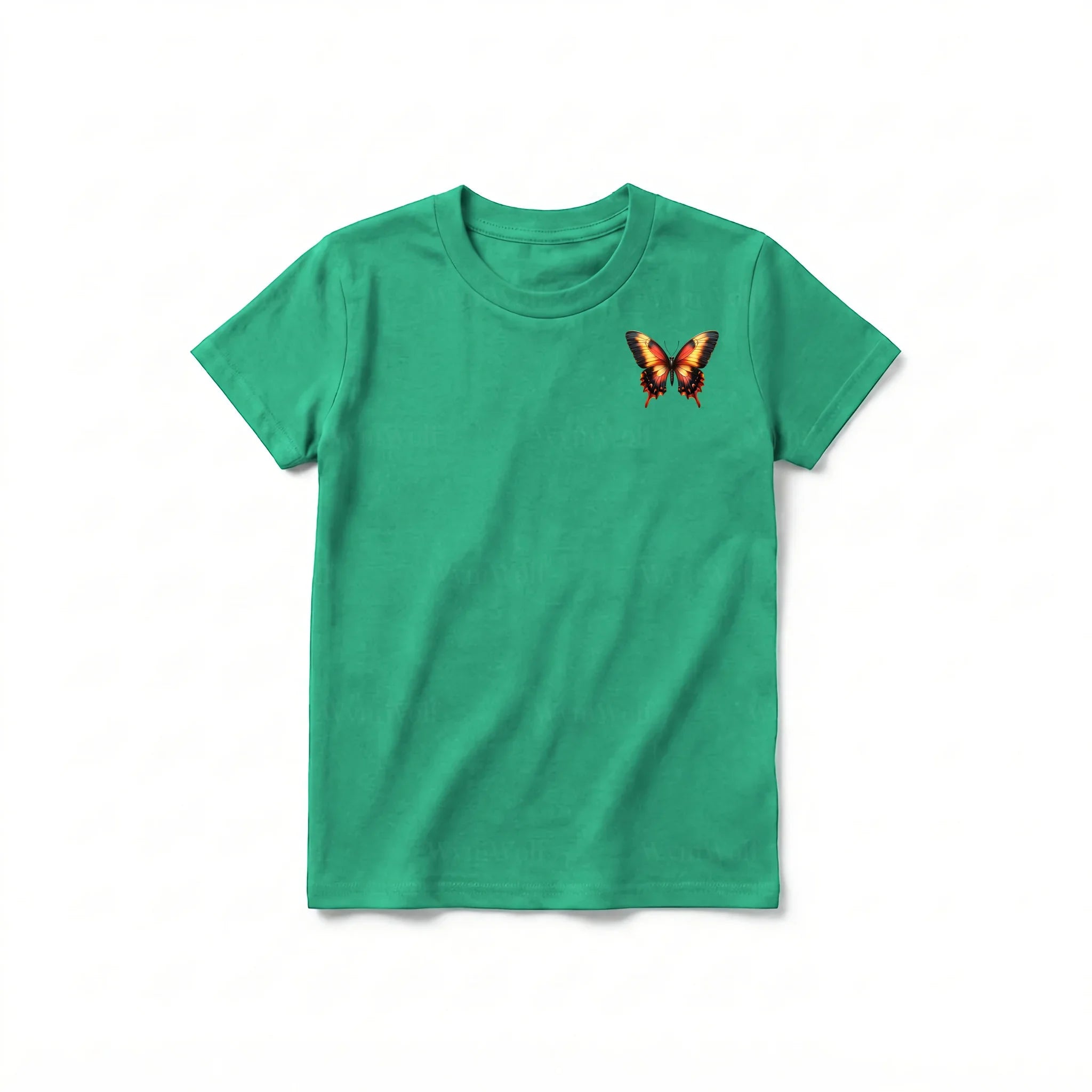 Un T-shirt kelly à manches courtes et col rond pour jeune, orné d'un motif représentant un arthropode sur la poitrine gauche.
