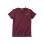 A maroon short-sleeve crewneck t-shirt for youth featuring a graphic of a arthropods animal on the left chest.