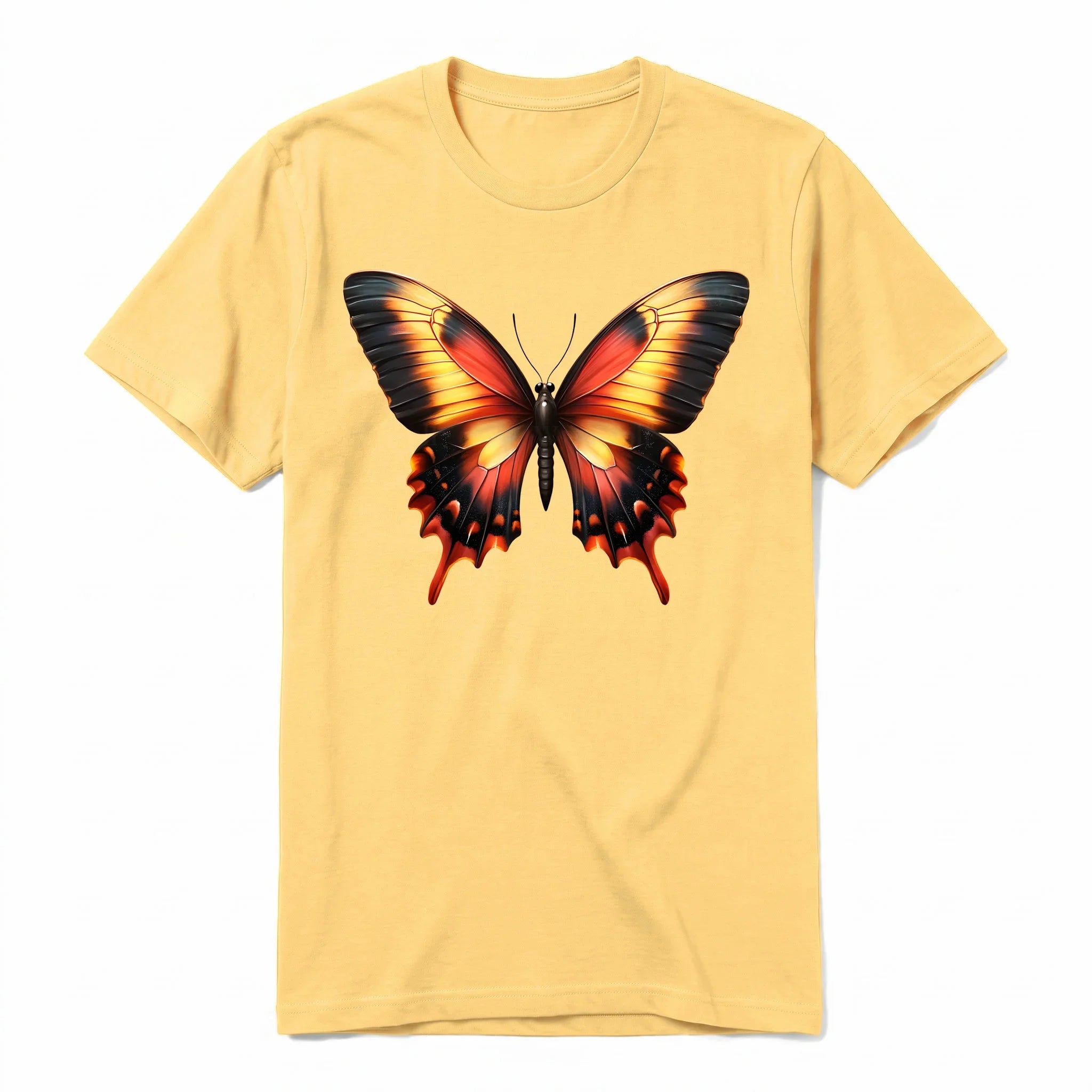 Un T-shirt moutarde à manches courtes et col rond, orné d'un motif représentant un arthropod sur le devant.
