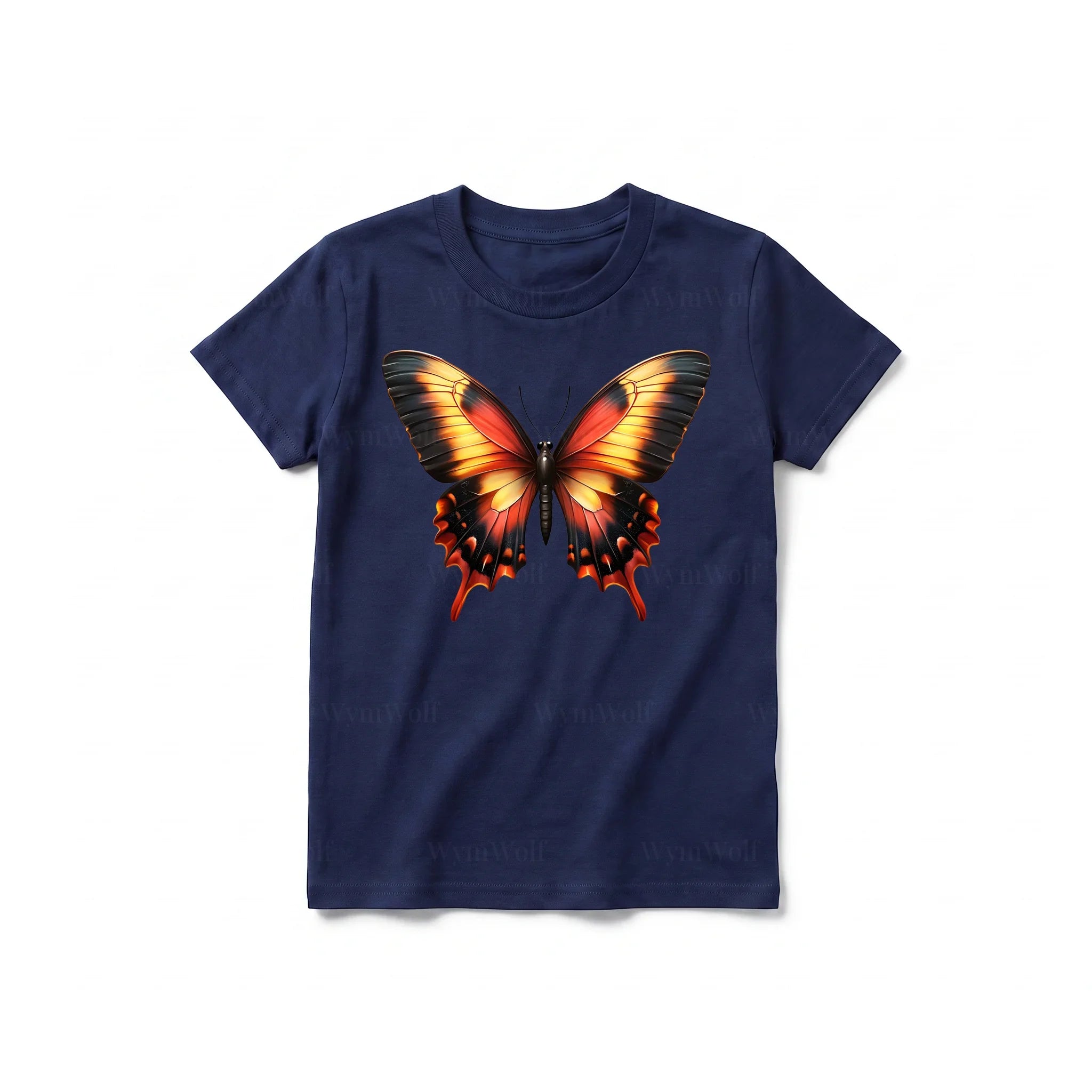 Un T-shirt marine à manches courtes et col rond pour jeune, orné d'un motif représentant un arthropode sur le devant.