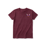 A maroon short-sleeve crewneck t-shirt for youth featuring a graphic of a arthropods animal on the left chest.