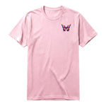A pink short-sleeve crewneck t-shirt for adult featuring a graphic of a arthropods animal on the left chest.