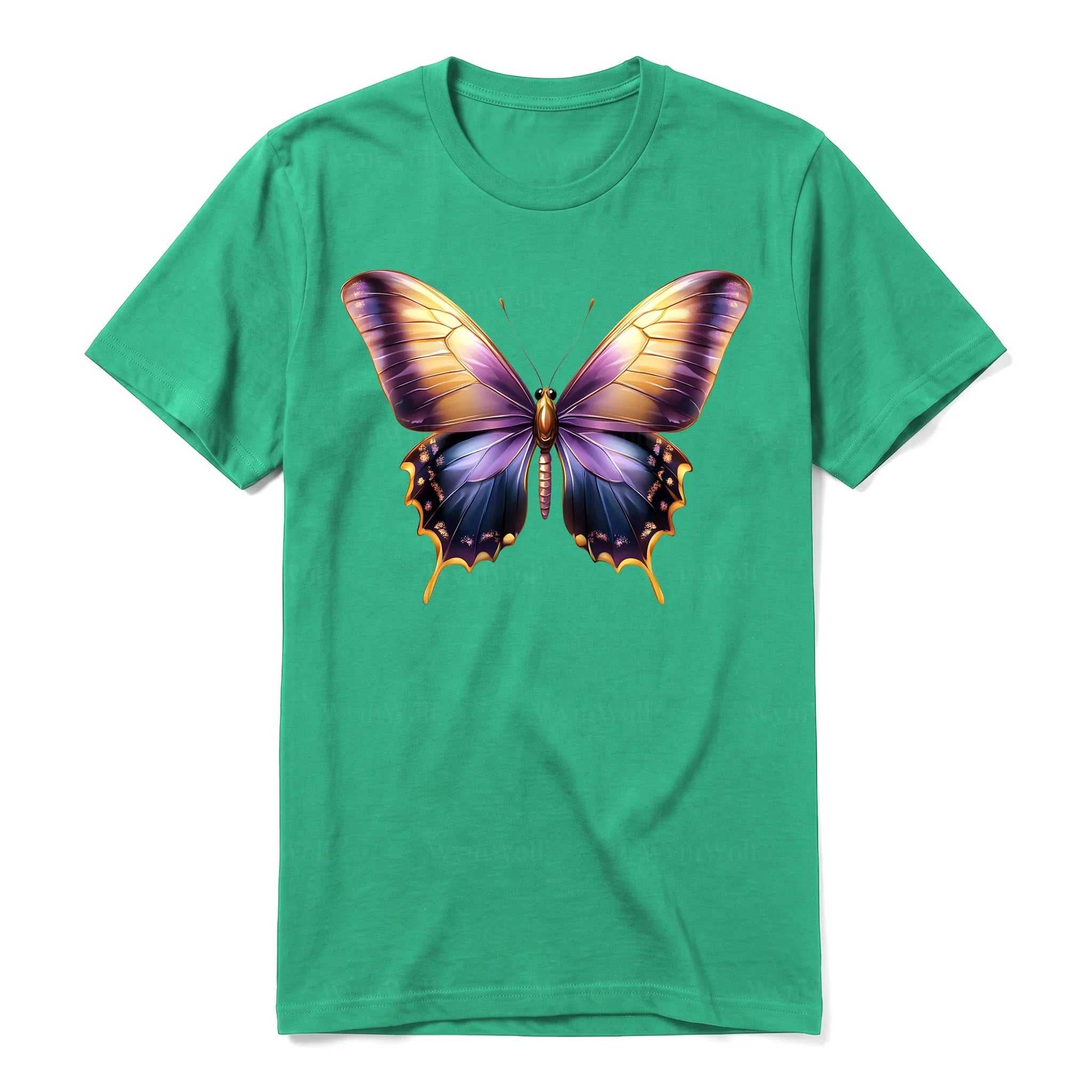 Un T-shirt kelly à manches courtes et col rond, orné d'un motif représentant un arthropod sur le devant.