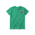 Un T-shirt kelly à manches courtes et col rond pour jeune, orné d'un motif représentant un arthropode sur la poitrine gauche.