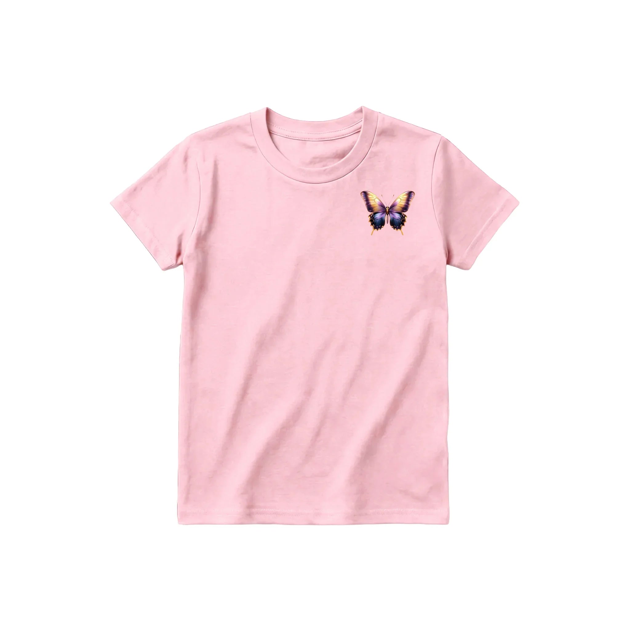 Un T-shirt rose à manches courtes et col rond pour jeune, orné d'un motif représentant un arthropode sur la poitrine gauche.