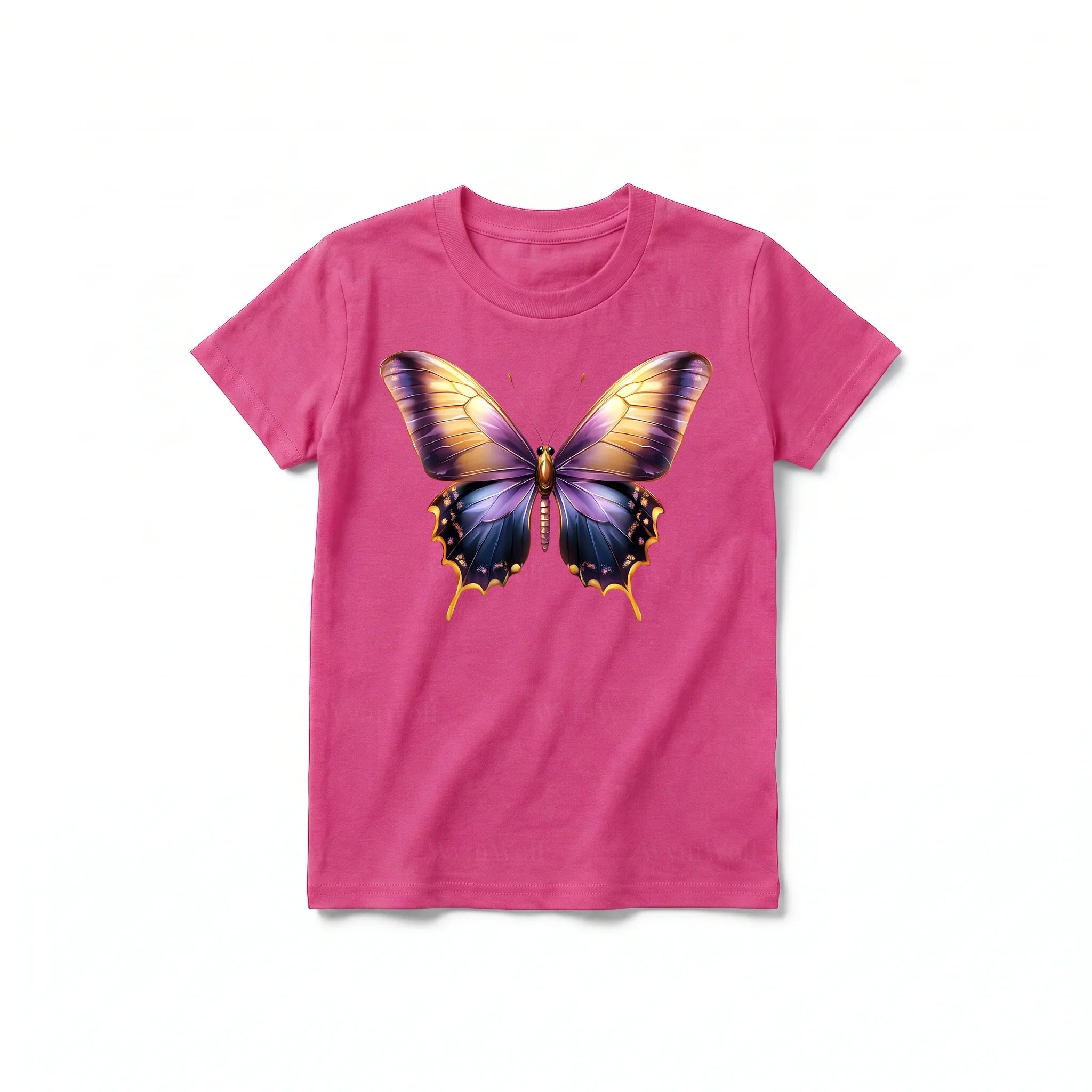 Un T-shirt framboise à manches courtes et col rond pour jeune, orné d'un motif représentant un arthropode sur le devant.