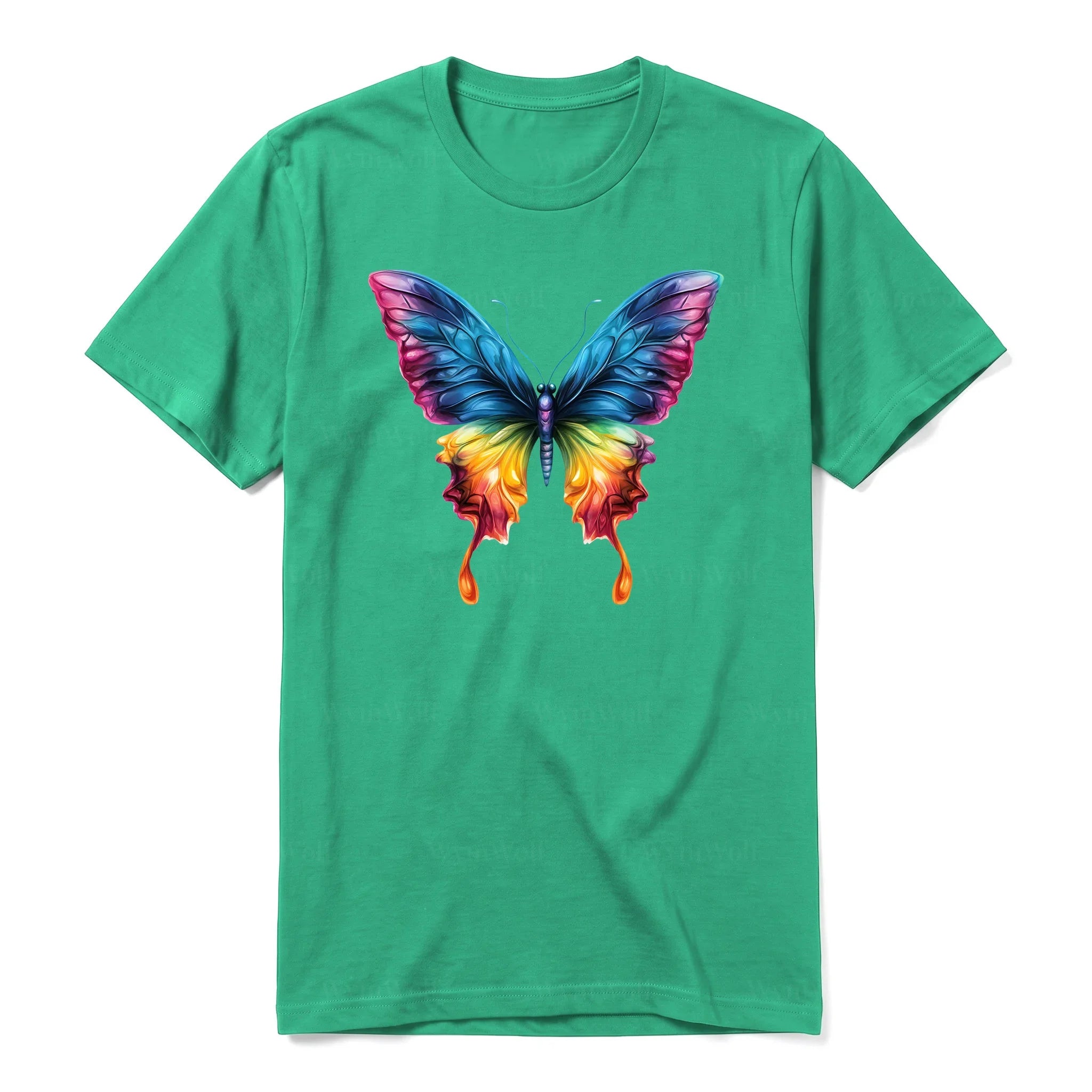 Un T-shirt kelly à manches courtes et col rond, orné d'un motif représentant un arthropod sur le devant.