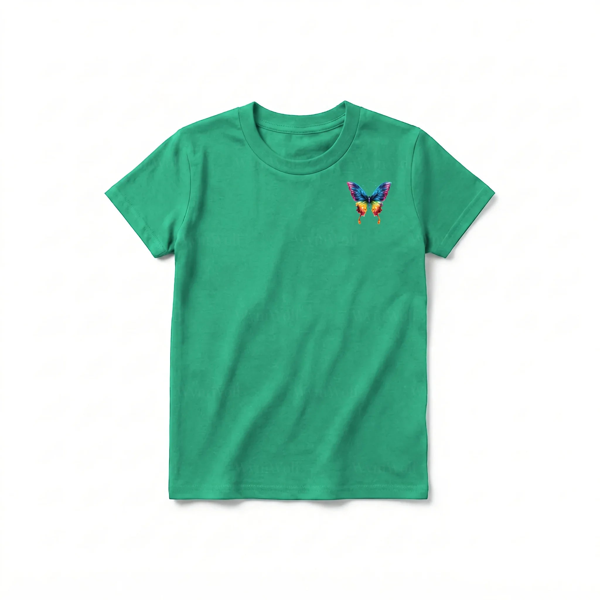 Un T-shirt kelly à manches courtes et col rond pour jeune, orné d'un motif représentant un arthropode sur la poitrine gauche.