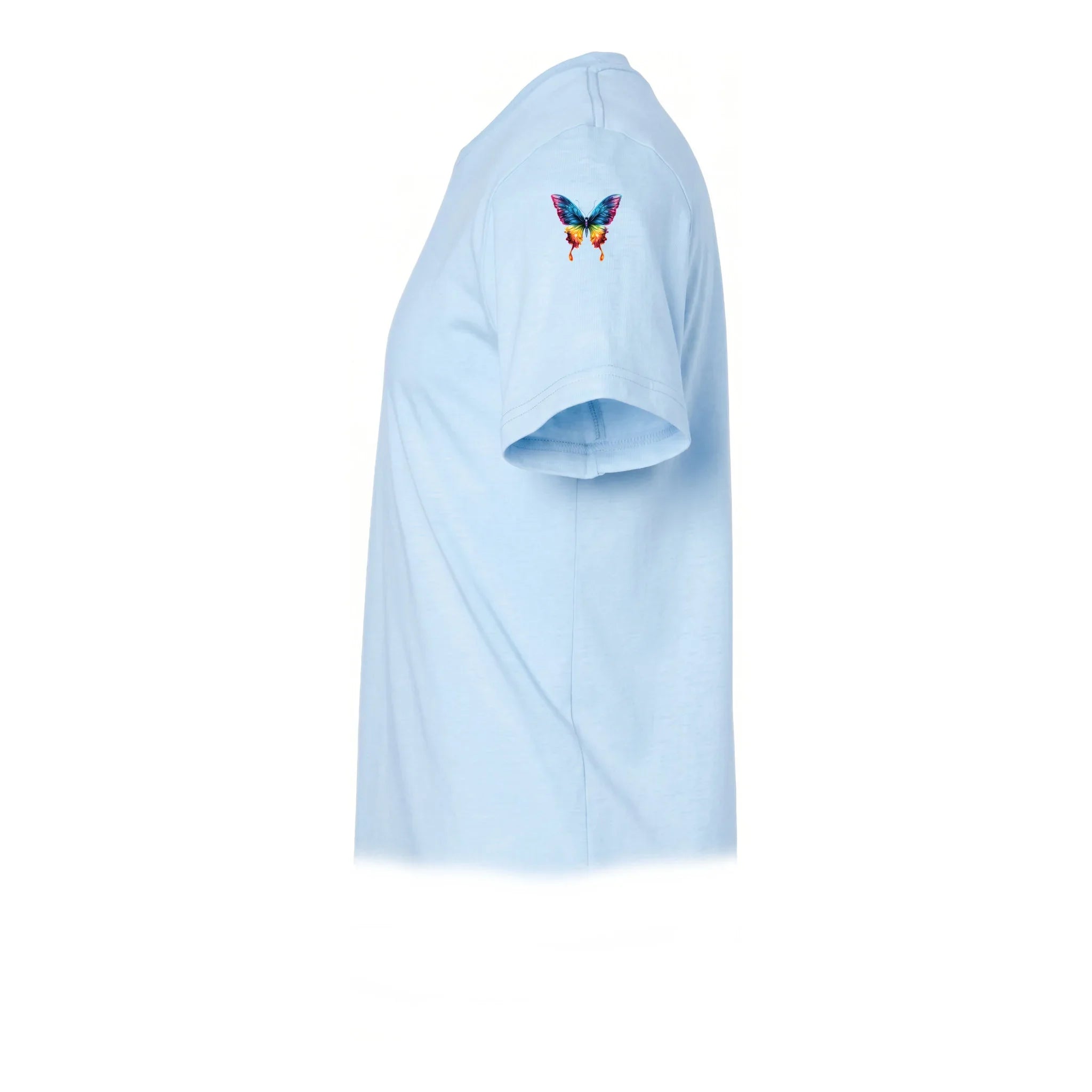 Un T-shirt poudre à manches courtes et col rond, orné d'un motif représentant un arthropode sur le haut de la manche gauche.