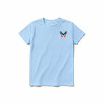 Un T-shirt poudre à manches courtes et col rond pour jeune, orné d'un motif représentant un arthropode sur la poitrine gauche.