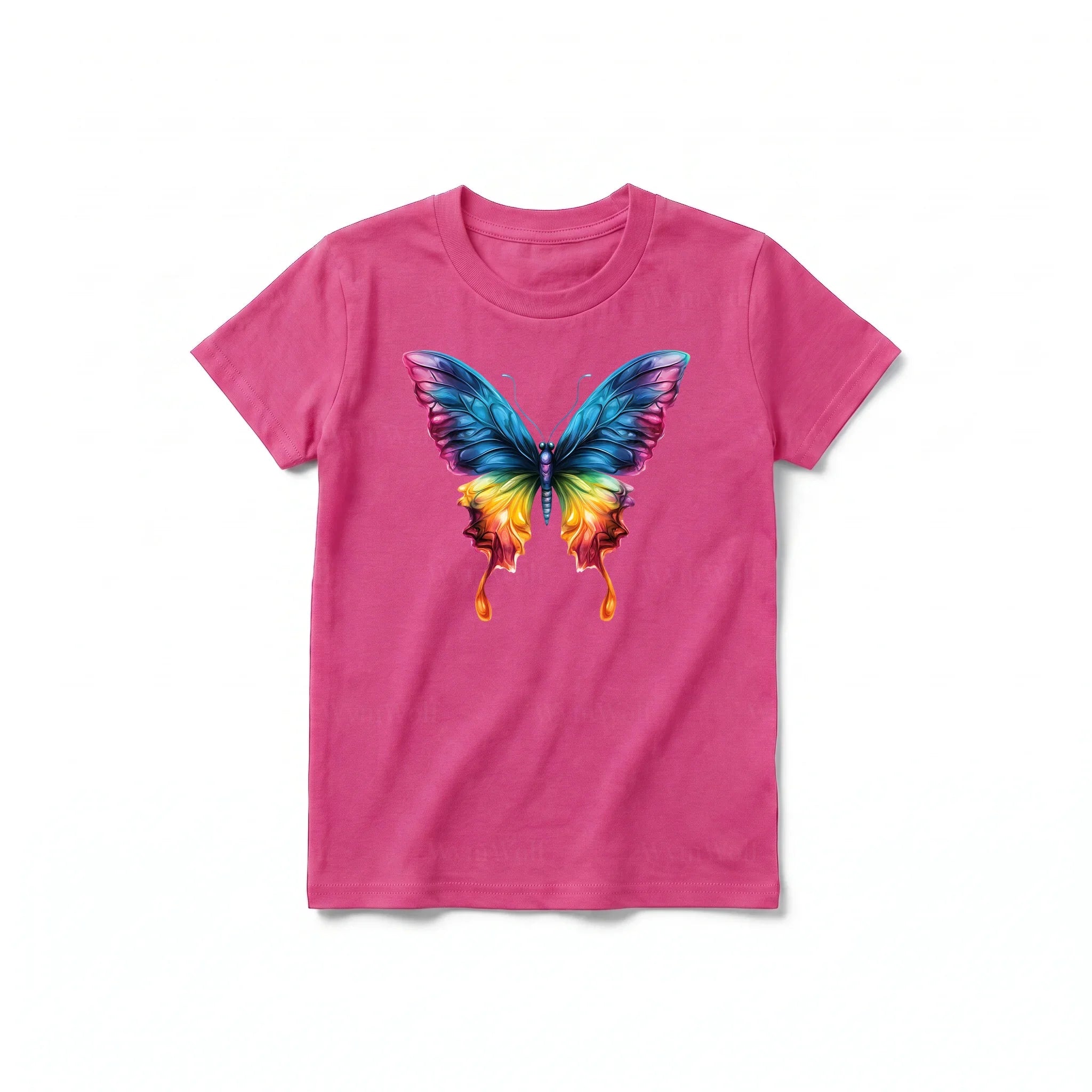Un T-shirt framboise à manches courtes et col rond pour jeune, orné d'un motif représentant un arthropode sur le devant.