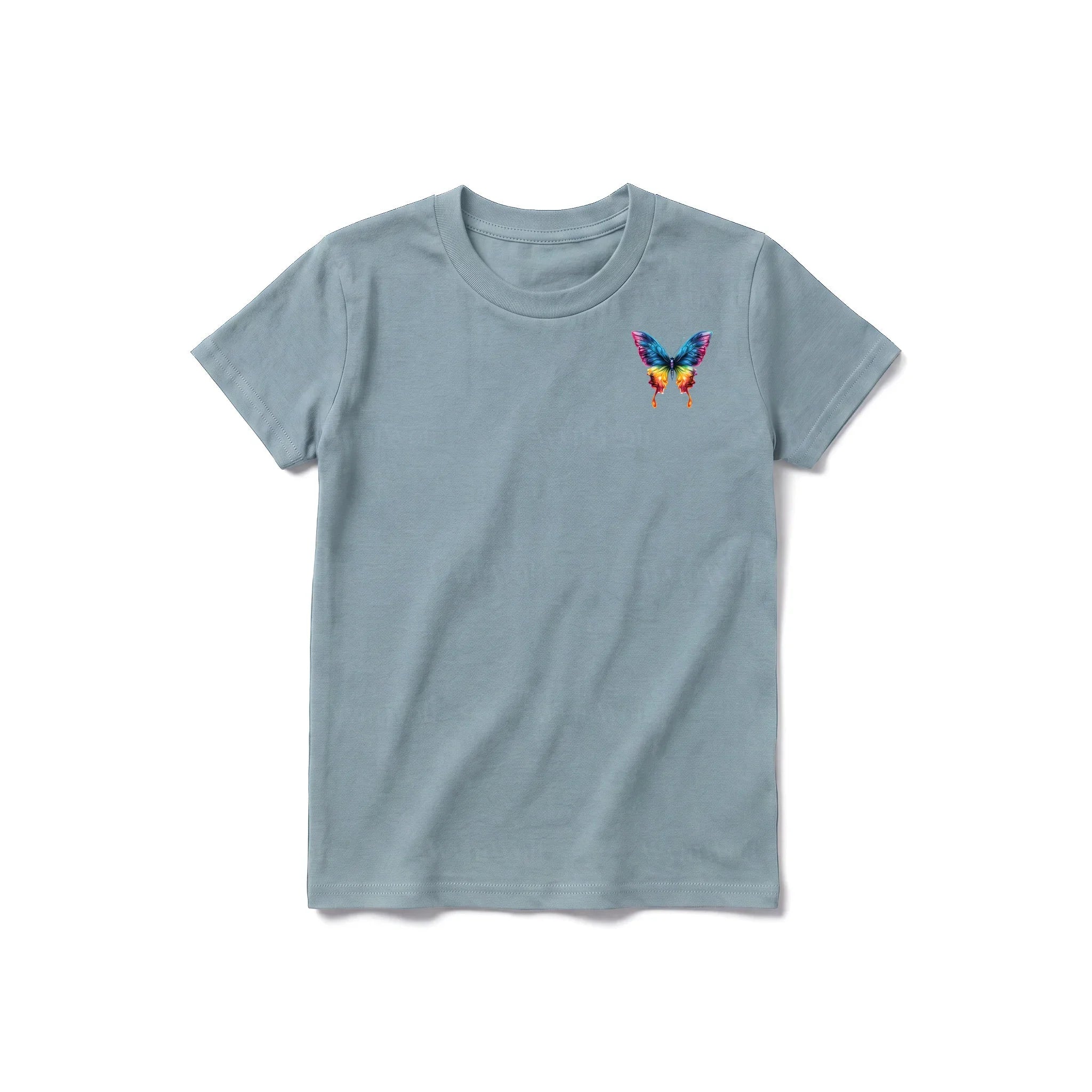 Un T-shirt sauge à manches courtes et col rond pour jeune, orné d'un motif représentant un arthropode sur la poitrine gauche.
