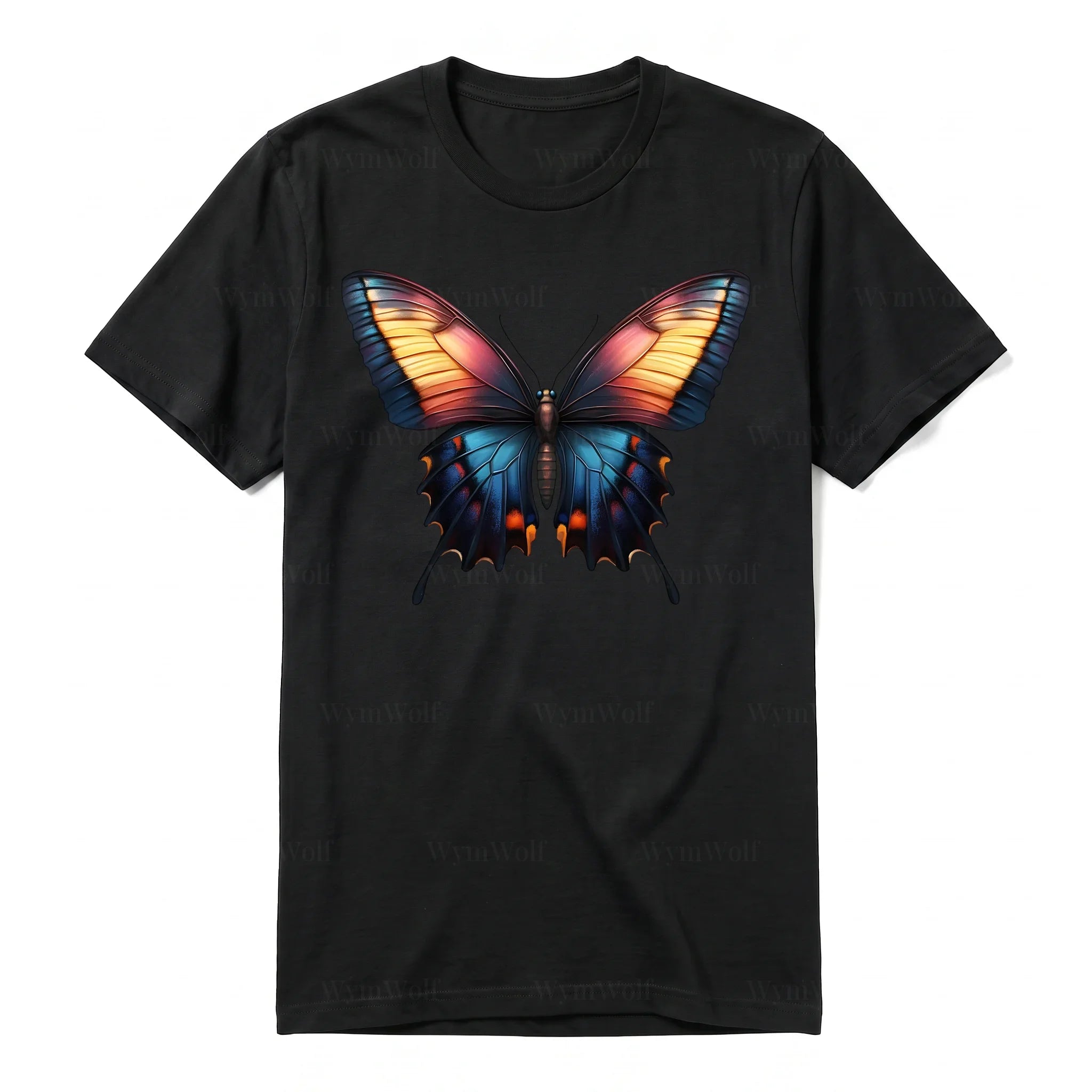 Un T-shirt noir à manches courtes et col rond, orné d'un motif représentant un arthropod sur le devant.