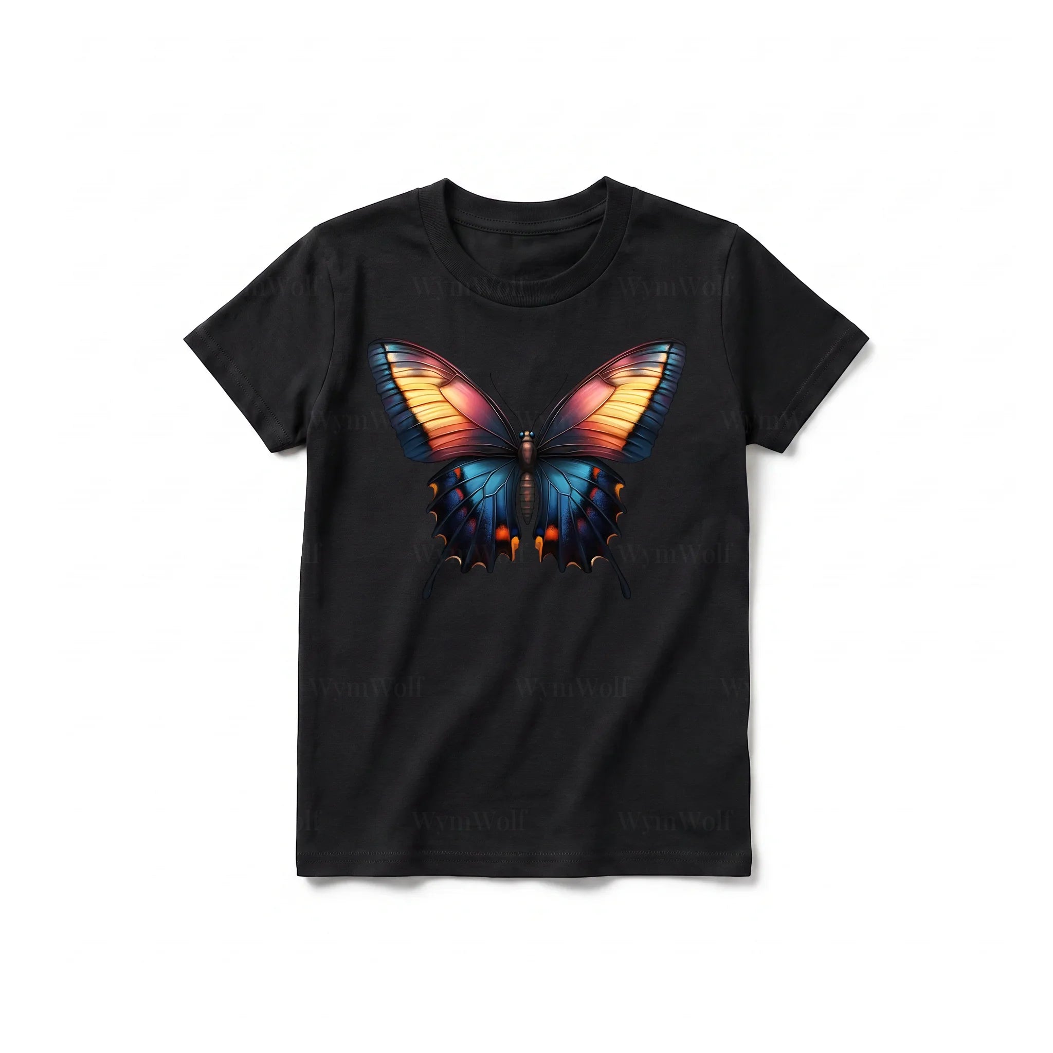 Un T-shirt noir à manches courtes et col rond pour jeune, orné d'un motif représentant un arthropode sur le devant.
