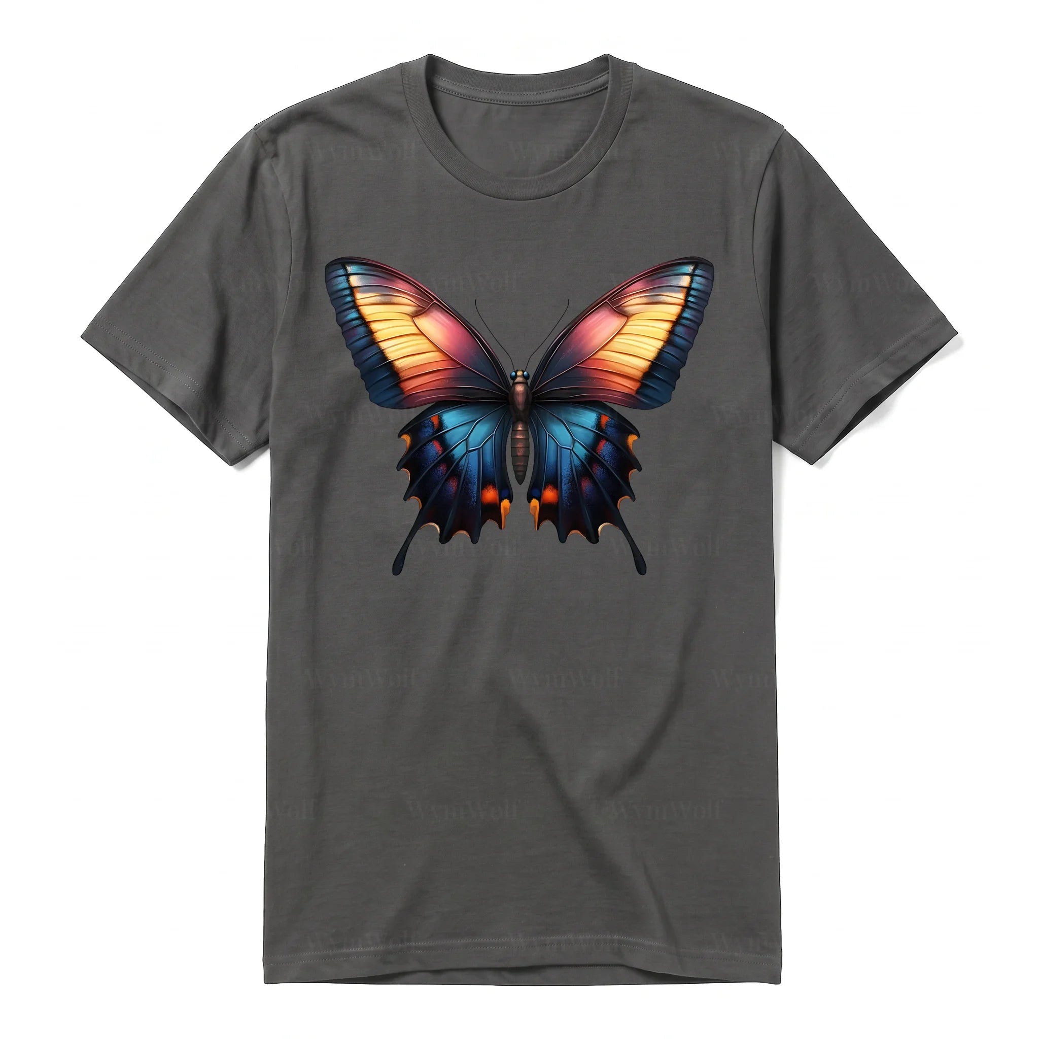 Un T-shirt charbon à manches courtes et col rond, orné d'un motif représentant un arthropod sur le devant.