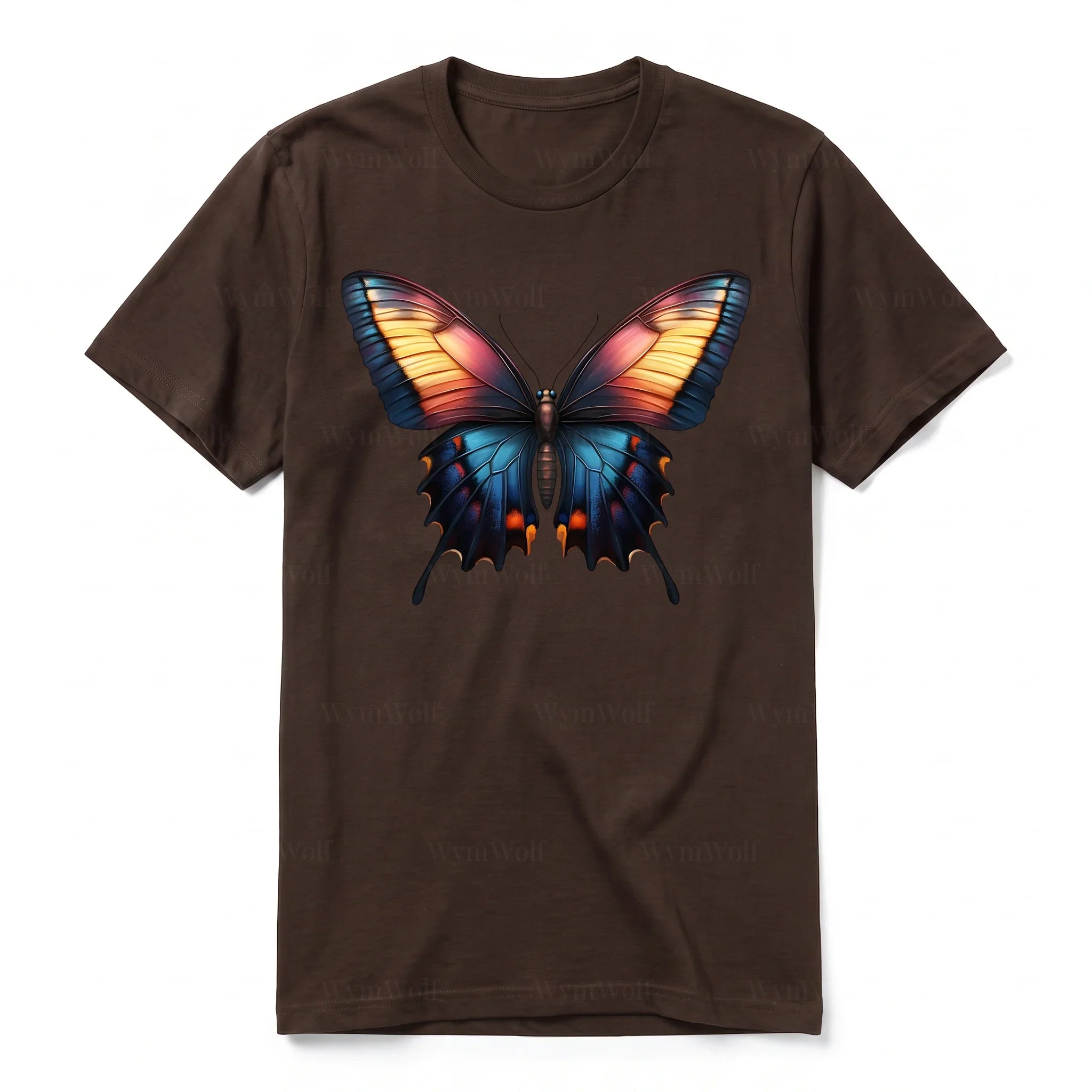 Un T-shirt chocolat à manches courtes et col rond, orné d'un motif représentant un arthropod sur le devant.