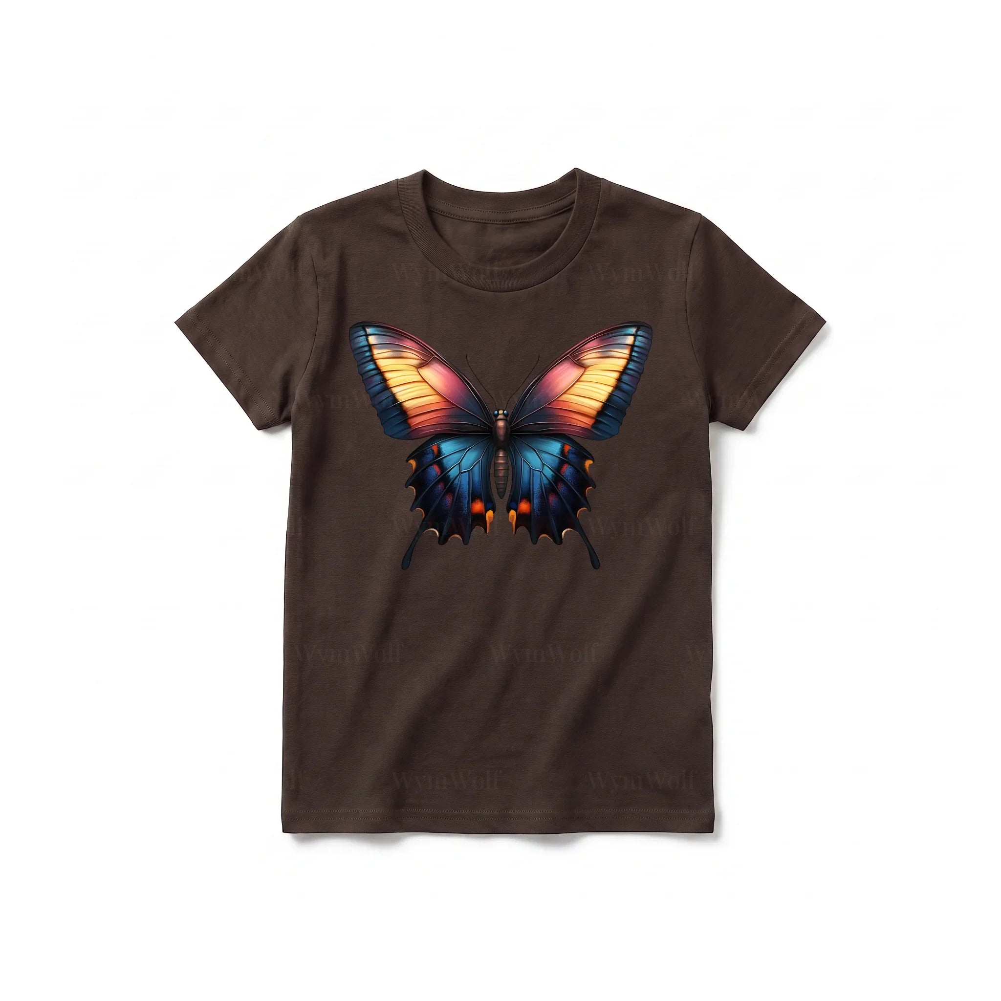 Un T-shirt chocolat à manches courtes et col rond pour jeune, orné d'un motif représentant un arthropode sur le devant.