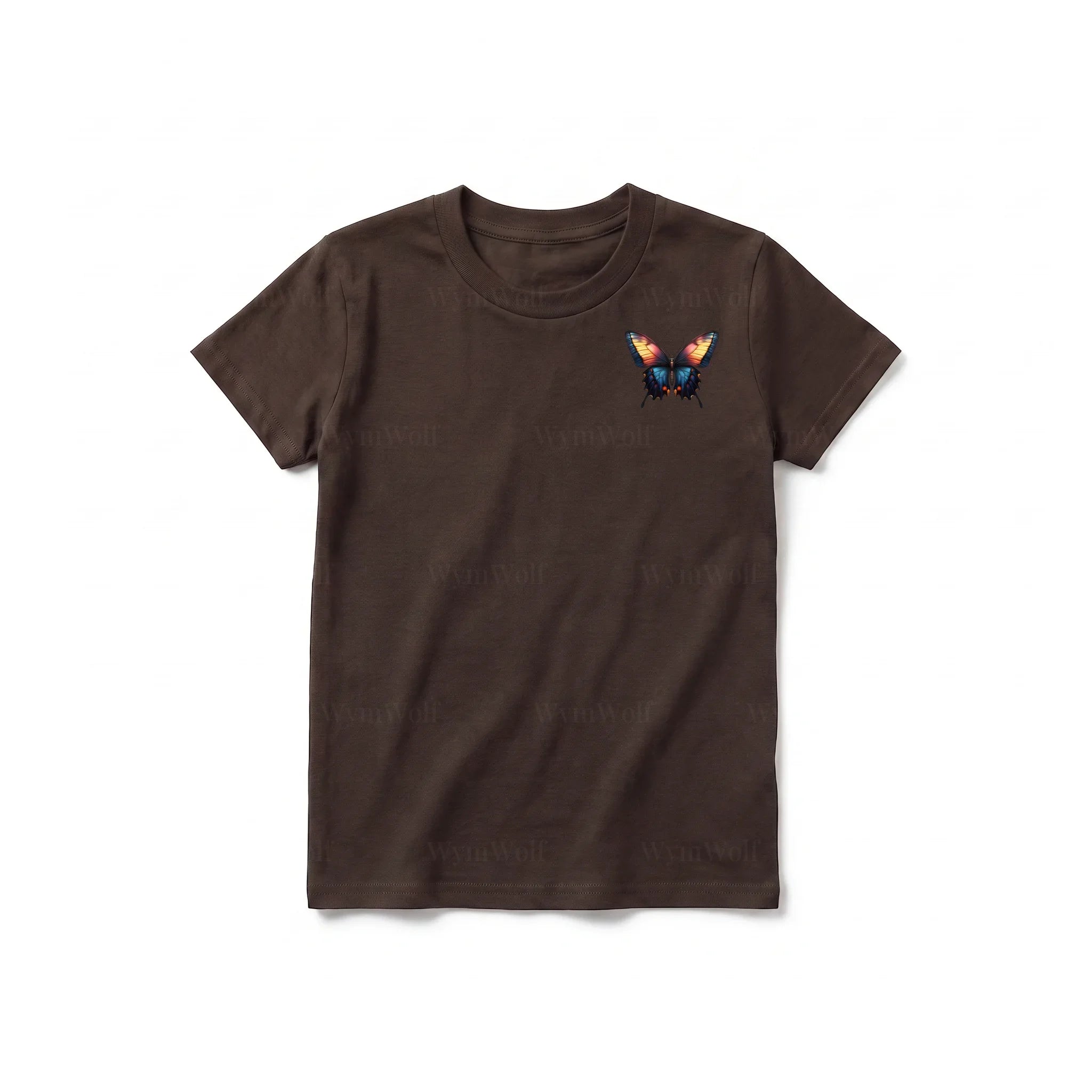 Un T-shirt chocolat à manches courtes et col rond pour jeune, orné d'un motif représentant un arthropode sur la poitrine gauche.