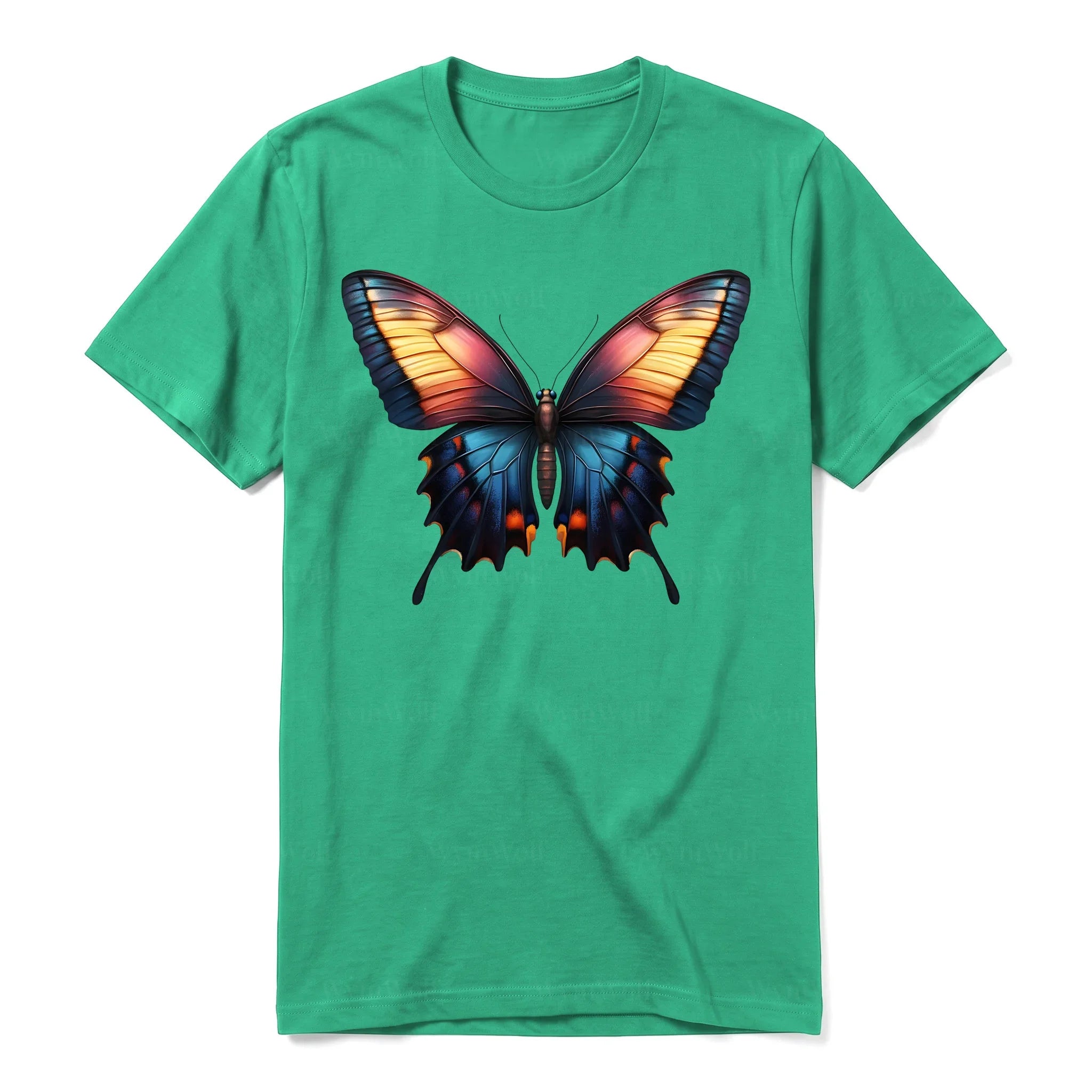 Un T-shirt kelly à manches courtes et col rond, orné d'un motif représentant un arthropod sur le devant.