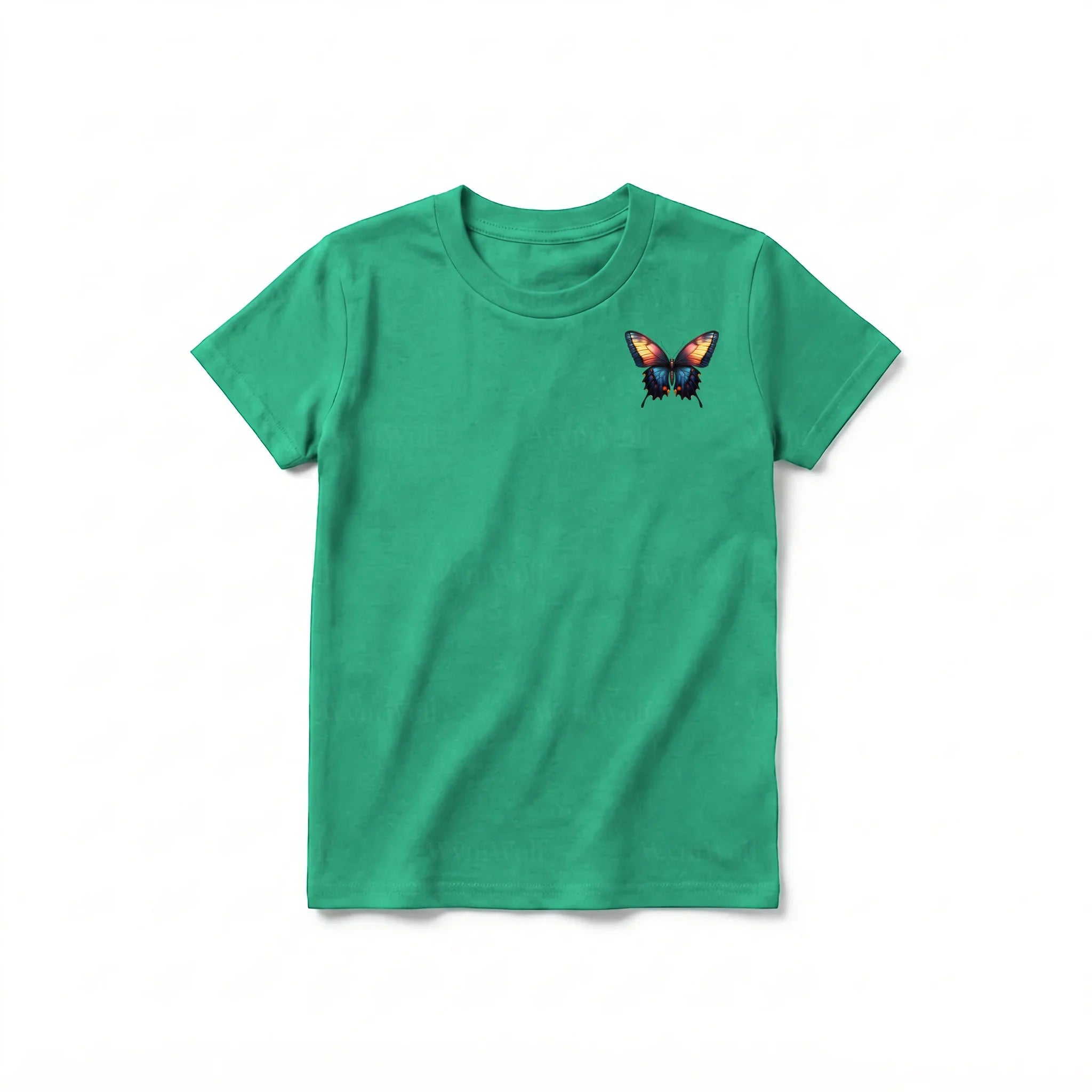 Un T-shirt kelly à manches courtes et col rond pour jeune, orné d'un motif représentant un arthropode sur la poitrine gauche.