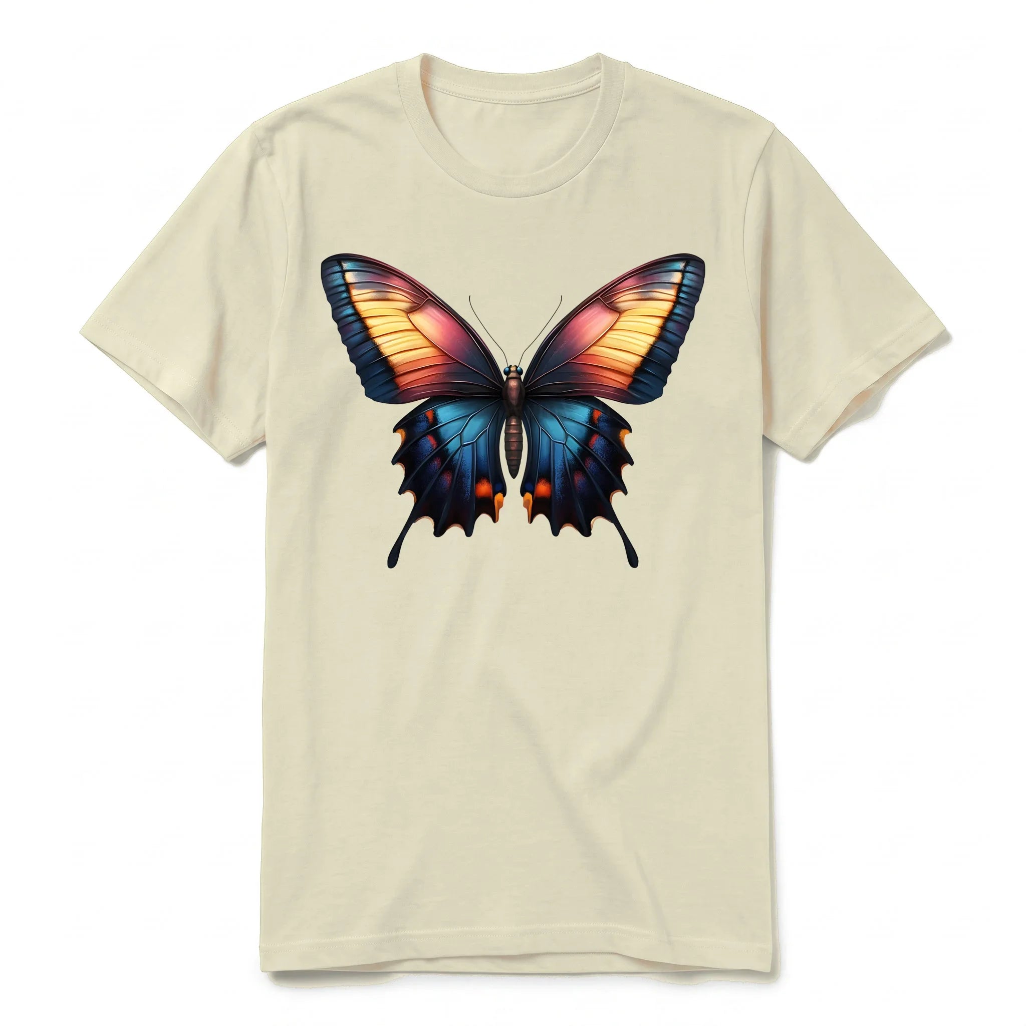 Un T-shirt latte à manches courtes et col rond, orné d'un motif représentant un arthropod sur le devant.