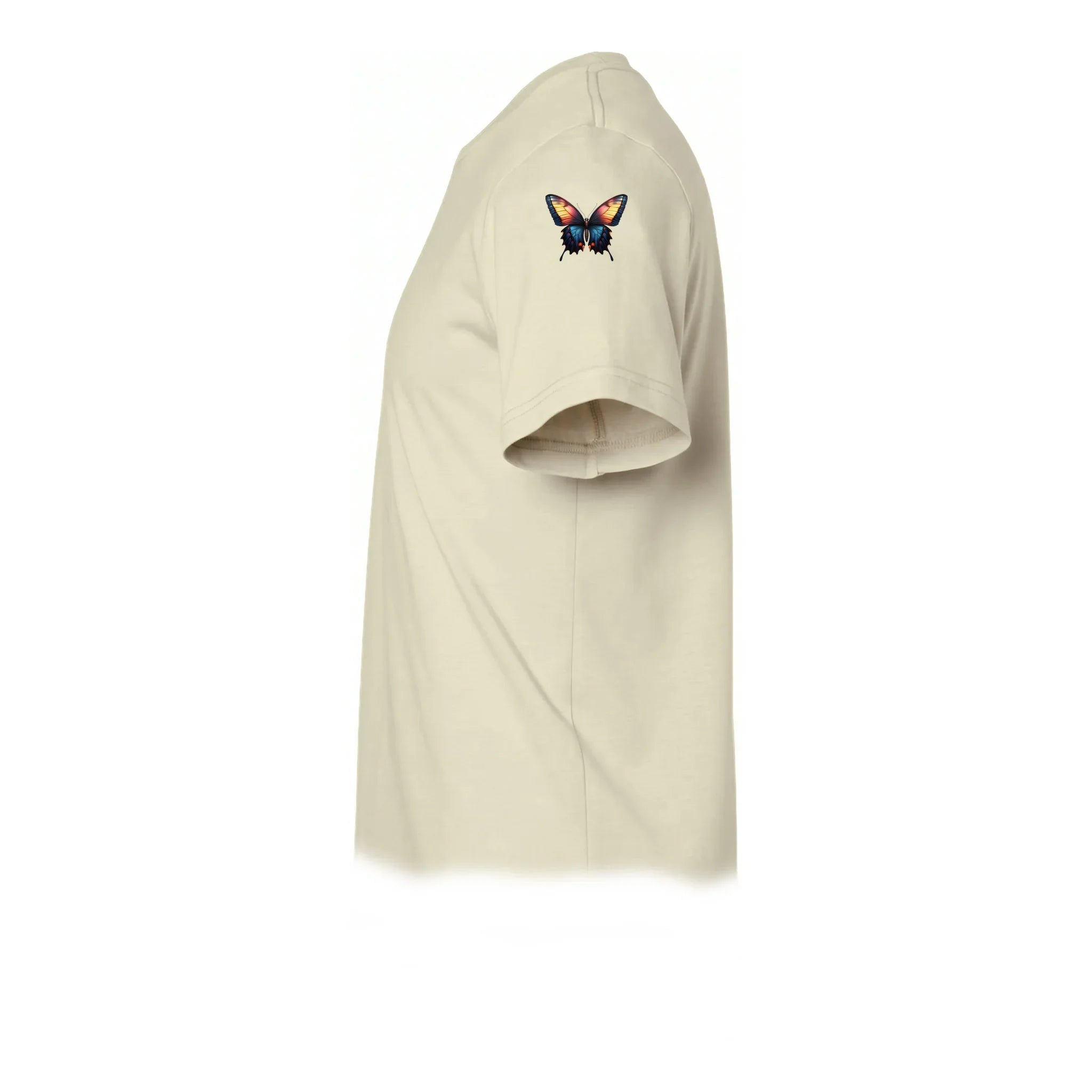 Un T-shirt latte à manches courtes et col rond, orné d'un motif représentant un arthropode sur le haut de la manche gauche.