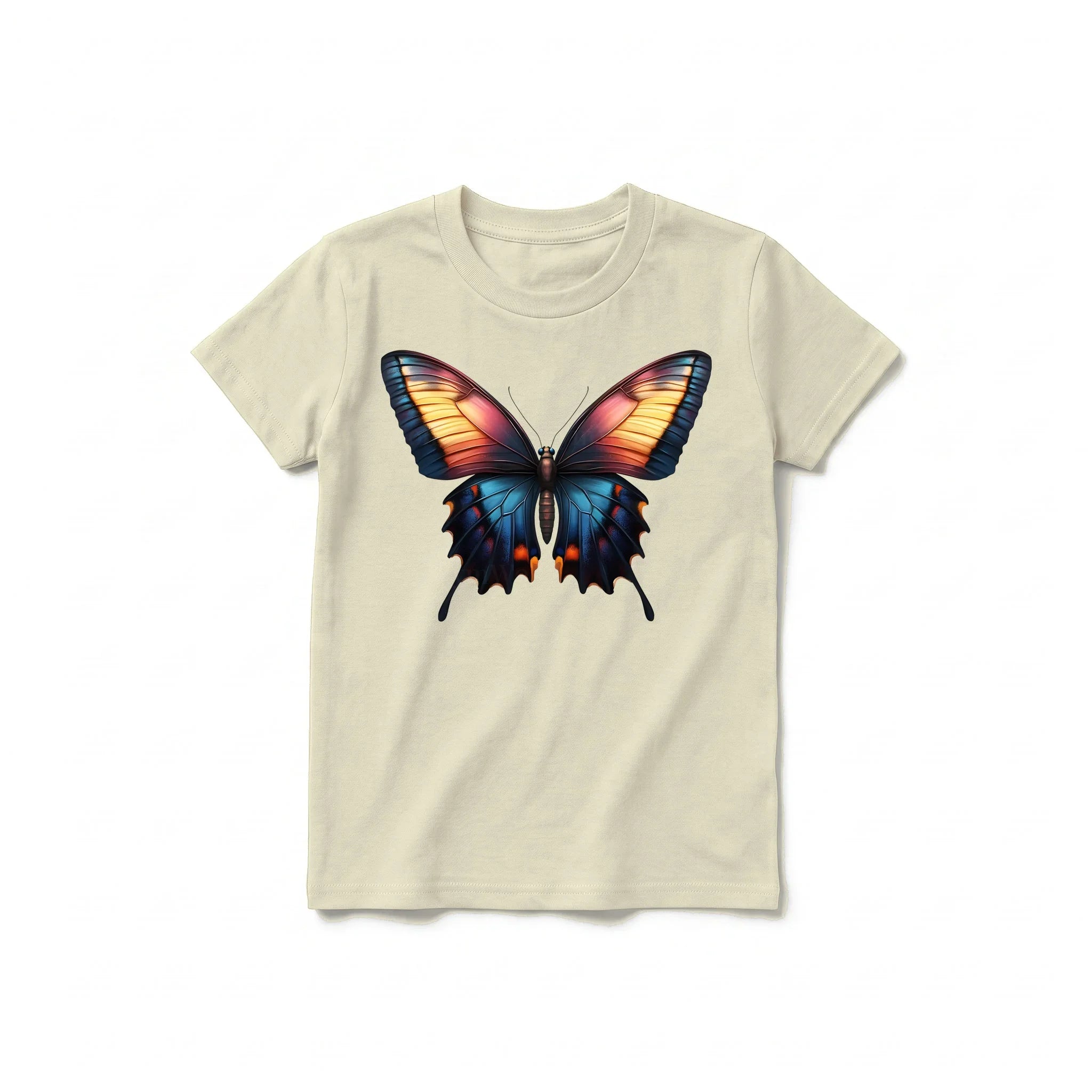 Un T-shirt latte à manches courtes et col rond pour jeune, orné d'un motif représentant un arthropode sur le devant.