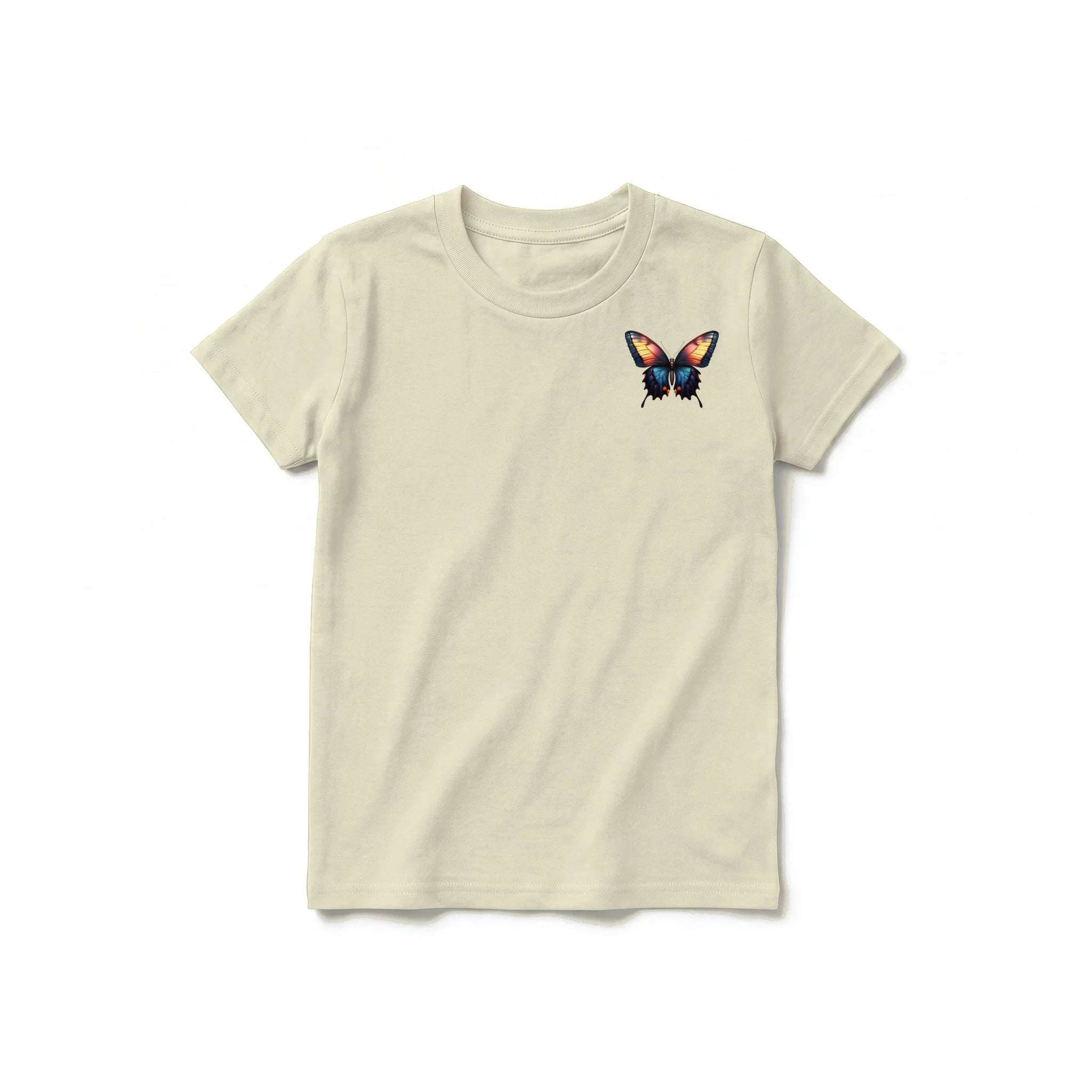 Un T-shirt latte à manches courtes et col rond pour jeune, orné d'un motif représentant un arthropode sur la poitrine gauche.