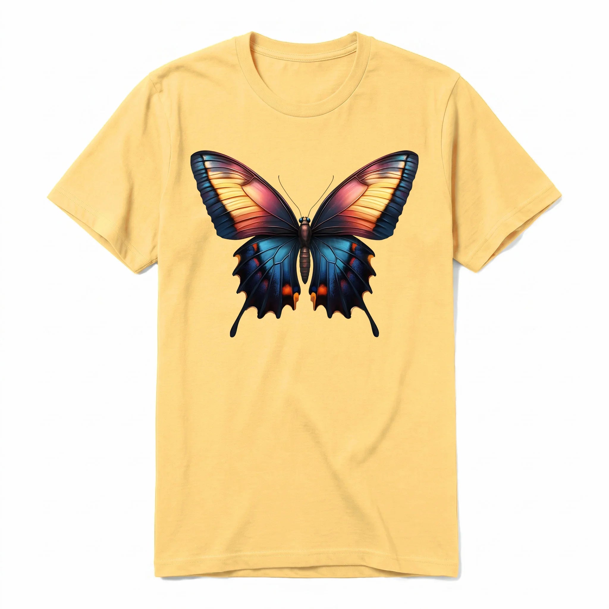 Un T-shirt moutarde à manches courtes et col rond, orné d'un motif représentant un arthropod sur le devant.