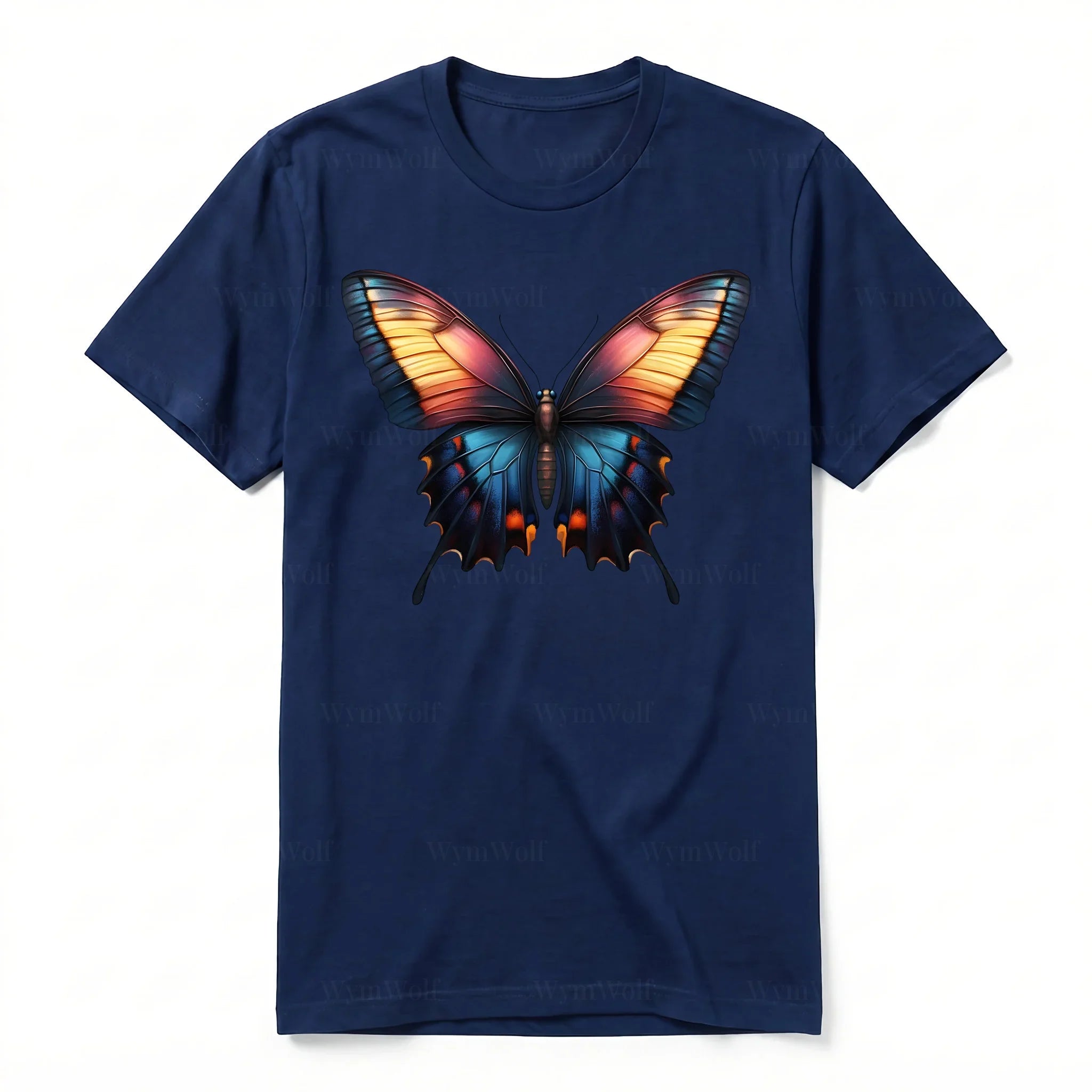 Un T-shirt marine à manches courtes et col rond, orné d'un motif représentant un arthropod sur le devant.