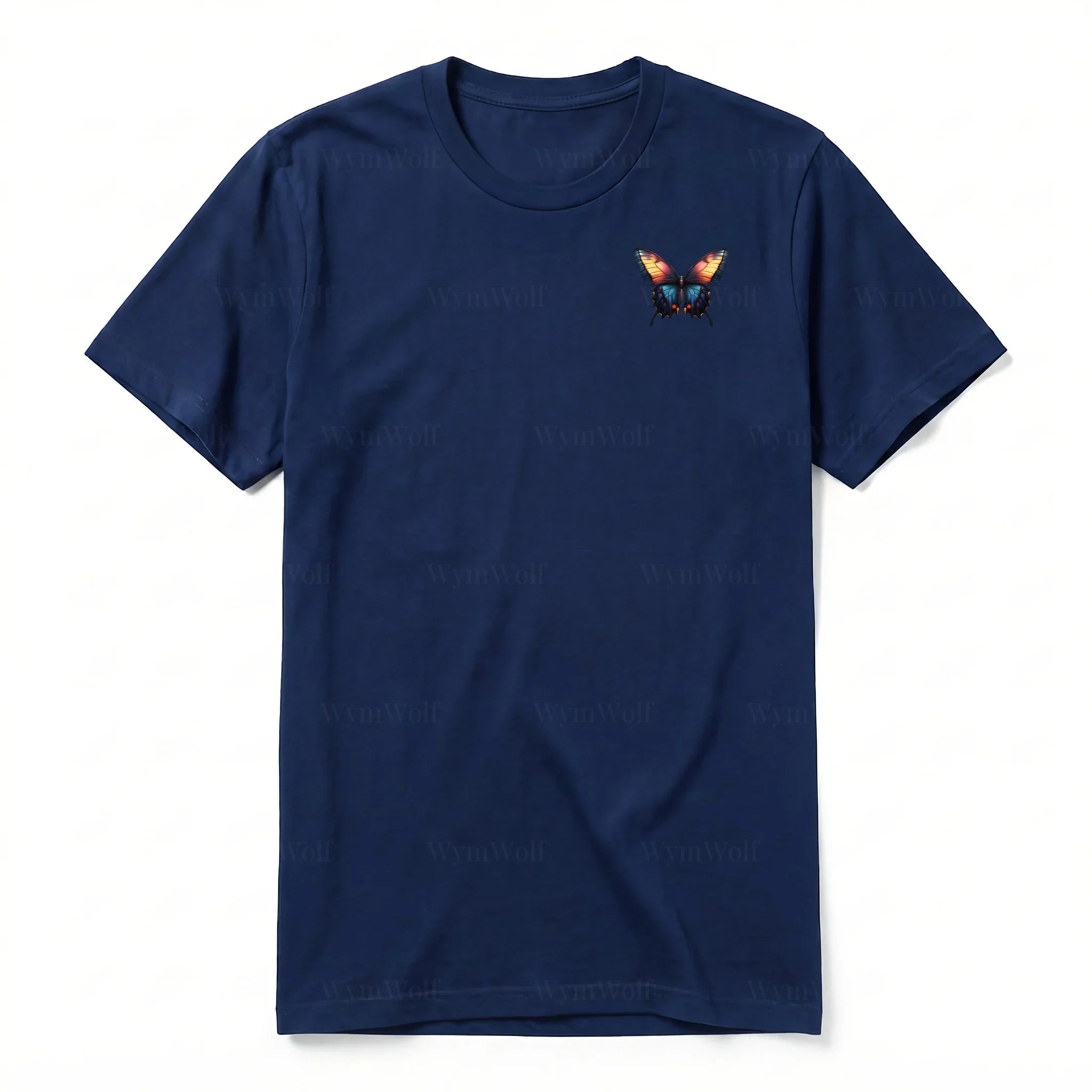 Un T-shirt marine à manches courtes et col rond, orné d'un motif représentant un arthropod sur la poitrine gauche.
