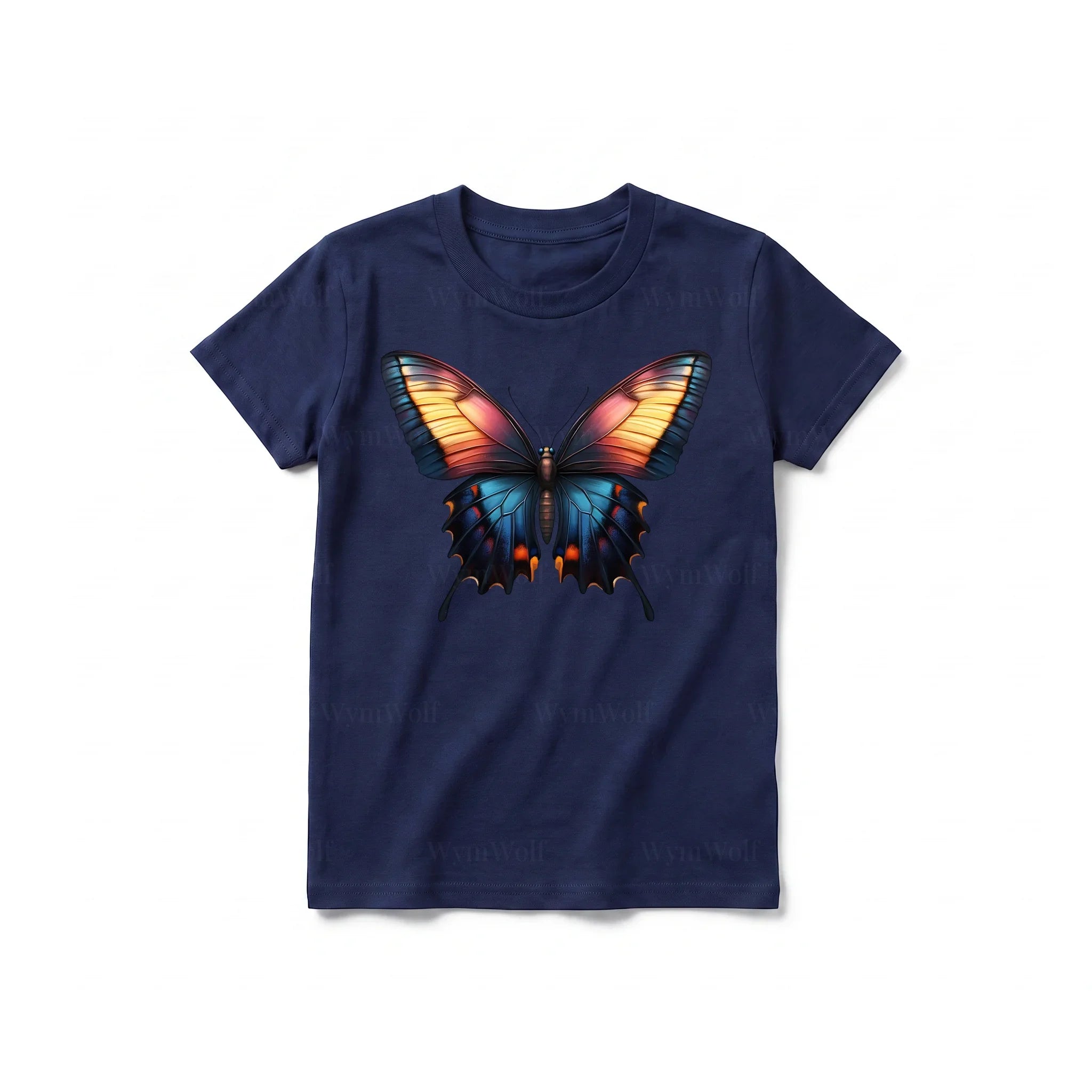 Un T-shirt marine à manches courtes et col rond pour jeune, orné d'un motif représentant un arthropode sur le devant.