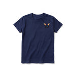 Un T-shirt marine à manches courtes et col rond pour jeune, orné d'un motif représentant un arthropode sur la poitrine gauche.