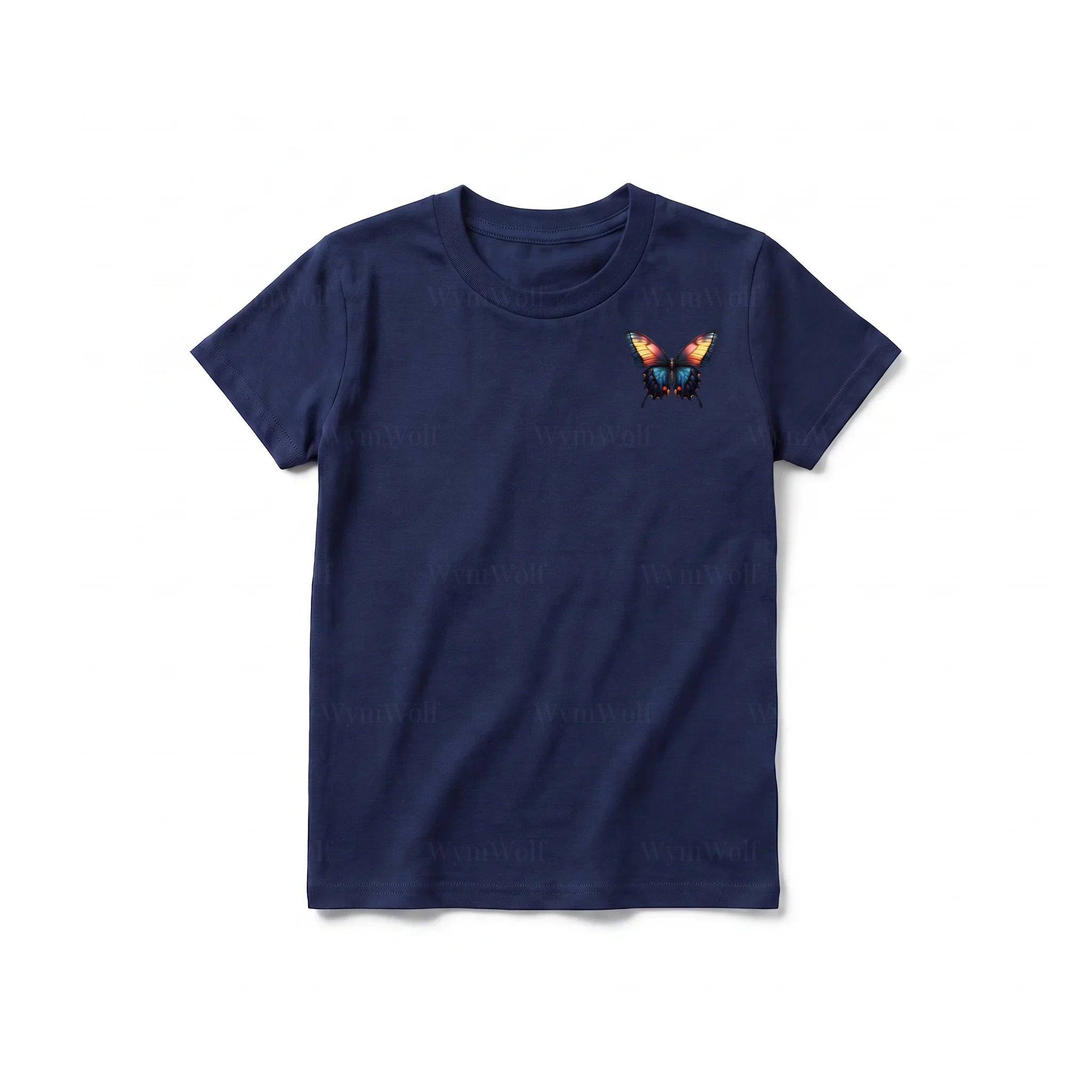 Un T-shirt marine à manches courtes et col rond pour jeune, orné d'un motif représentant un arthropode sur la poitrine gauche.