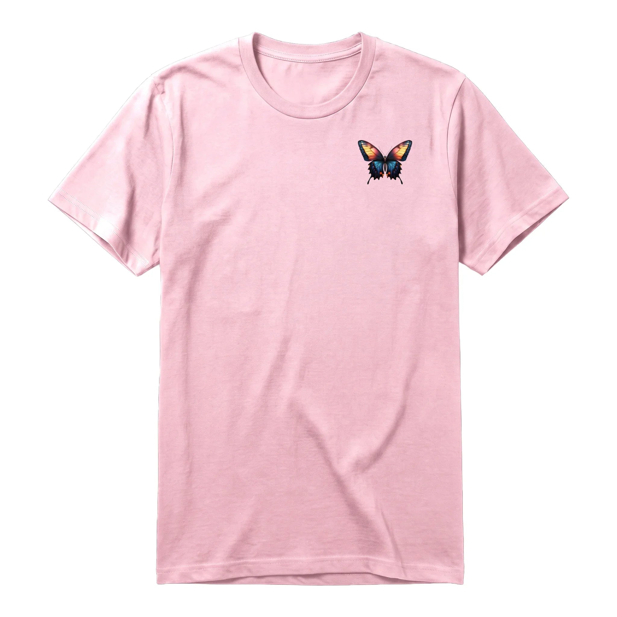 Un T-shirt rose à manches courtes et col rond, orné d'un motif représentant un arthropod sur la poitrine gauche.