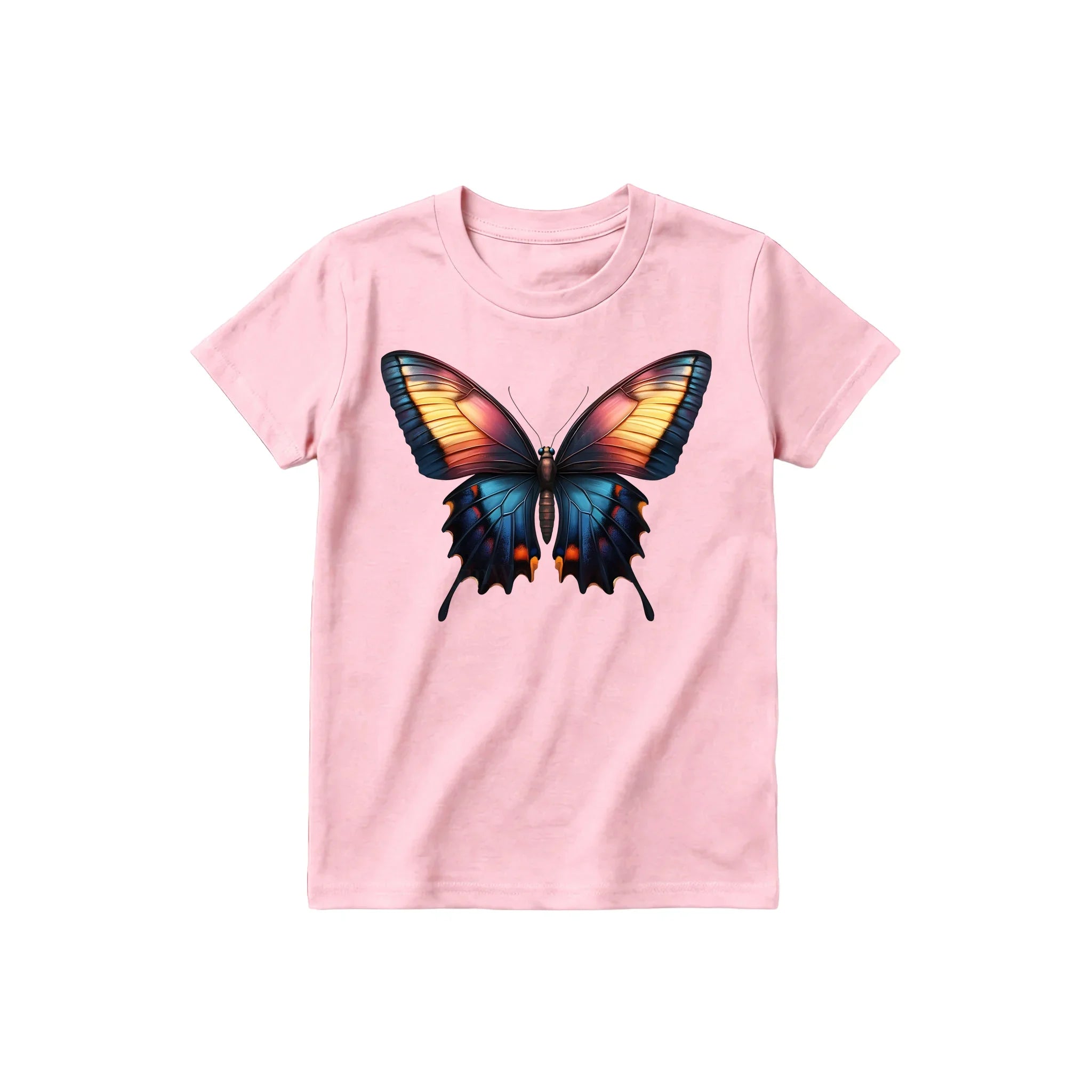 Un T-shirt rose à manches courtes et col rond pour jeune, orné d'un motif représentant un arthropode sur le devant.