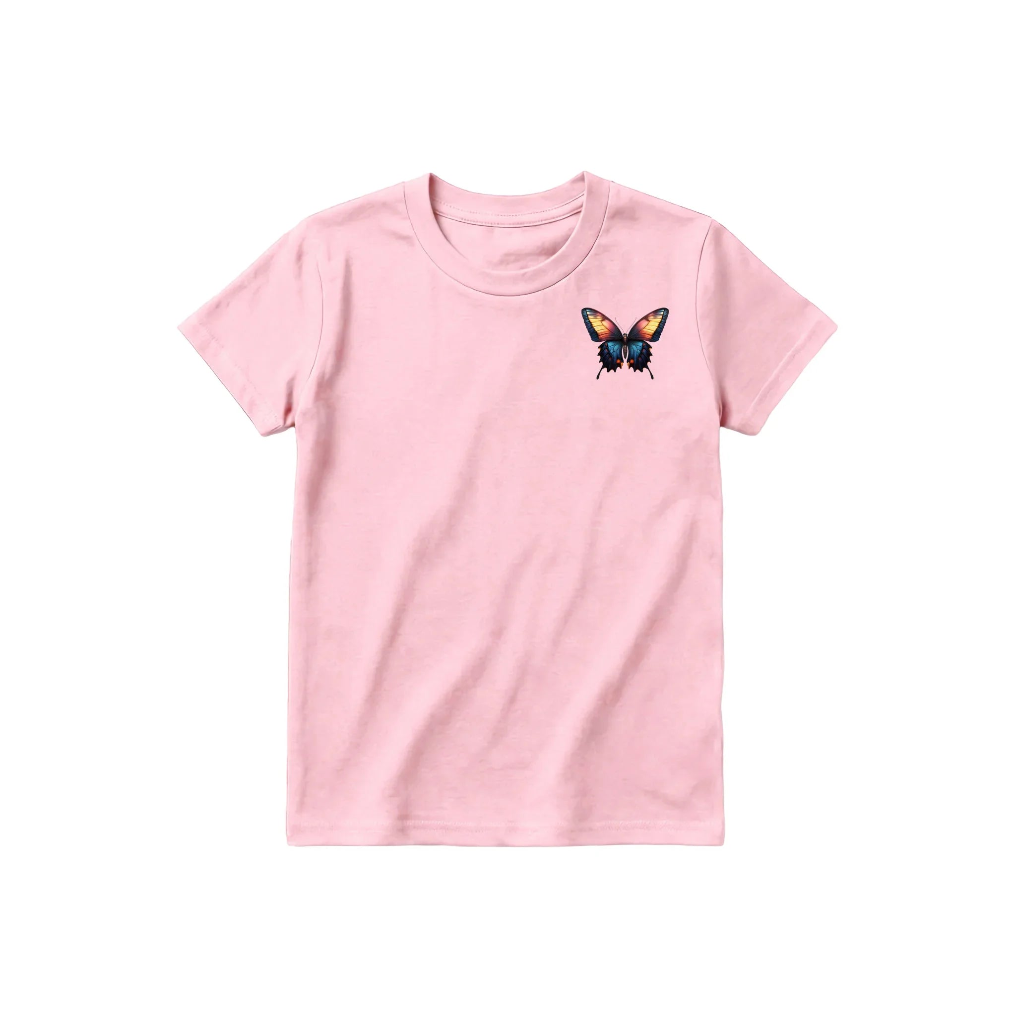 Un T-shirt rose à manches courtes et col rond pour jeune, orné d'un motif représentant un arthropode sur la poitrine gauche.