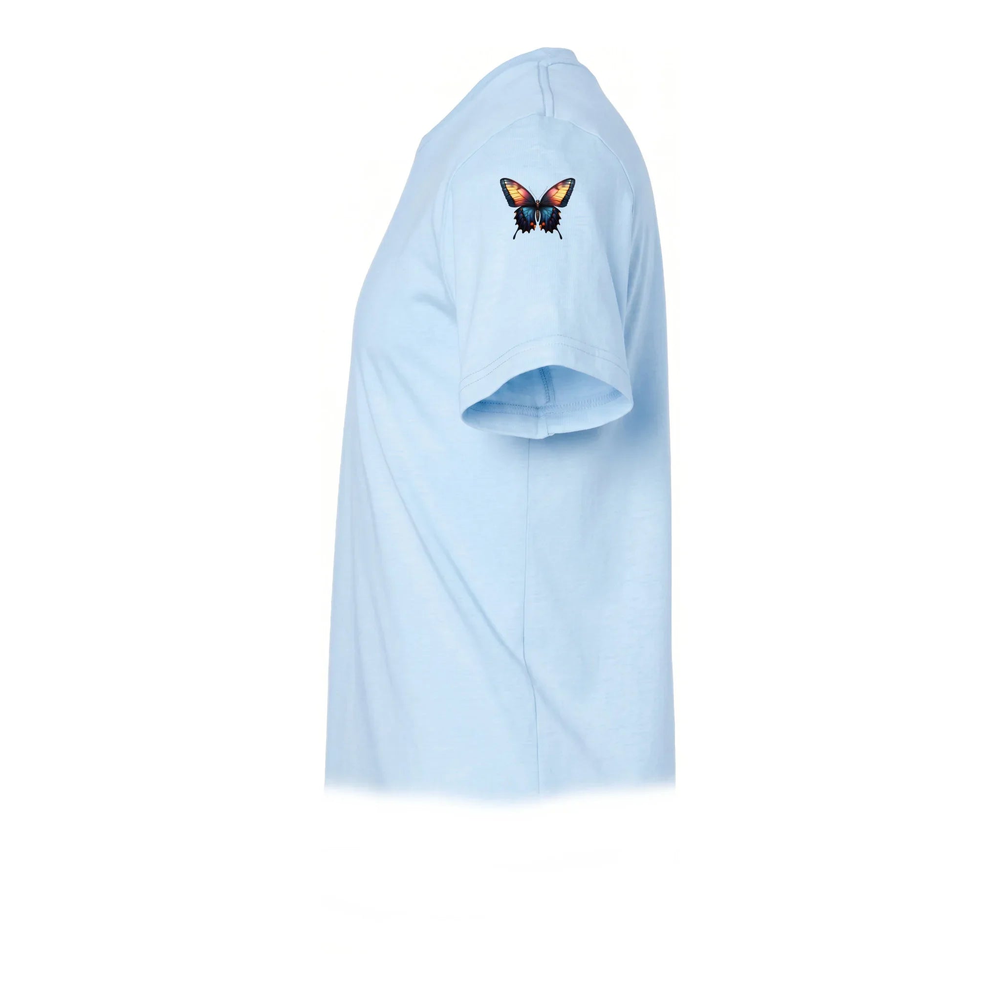 Un T-shirt poudre à manches courtes et col rond, orné d'un motif représentant un arthropode sur le haut de la manche gauche.