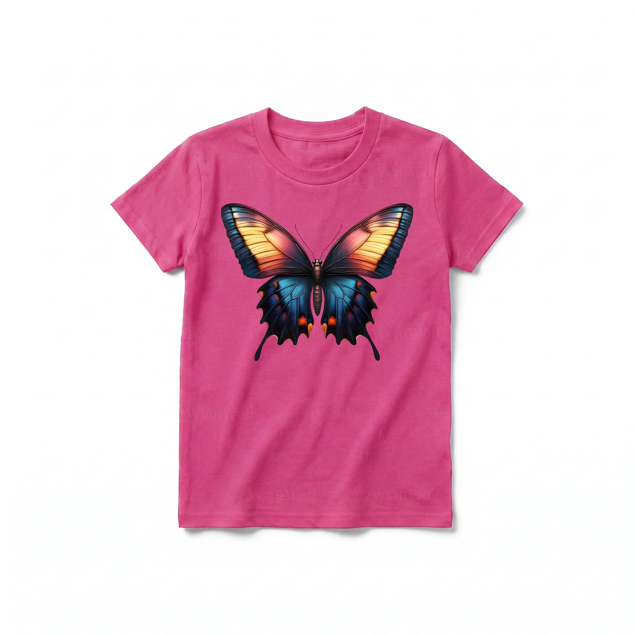 Un T-shirt framboise à manches courtes et col rond pour jeune, orné d'un motif représentant un arthropode sur le devant.