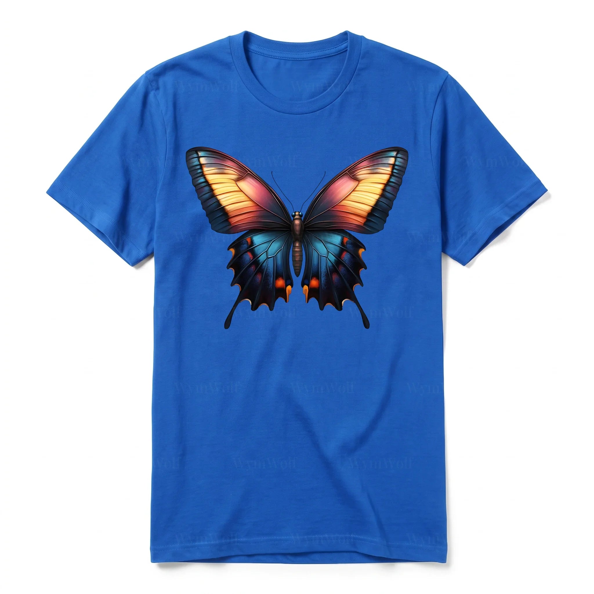 Un T-shirt royal à manches courtes et col rond, orné d'un motif représentant un arthropod sur le devant.