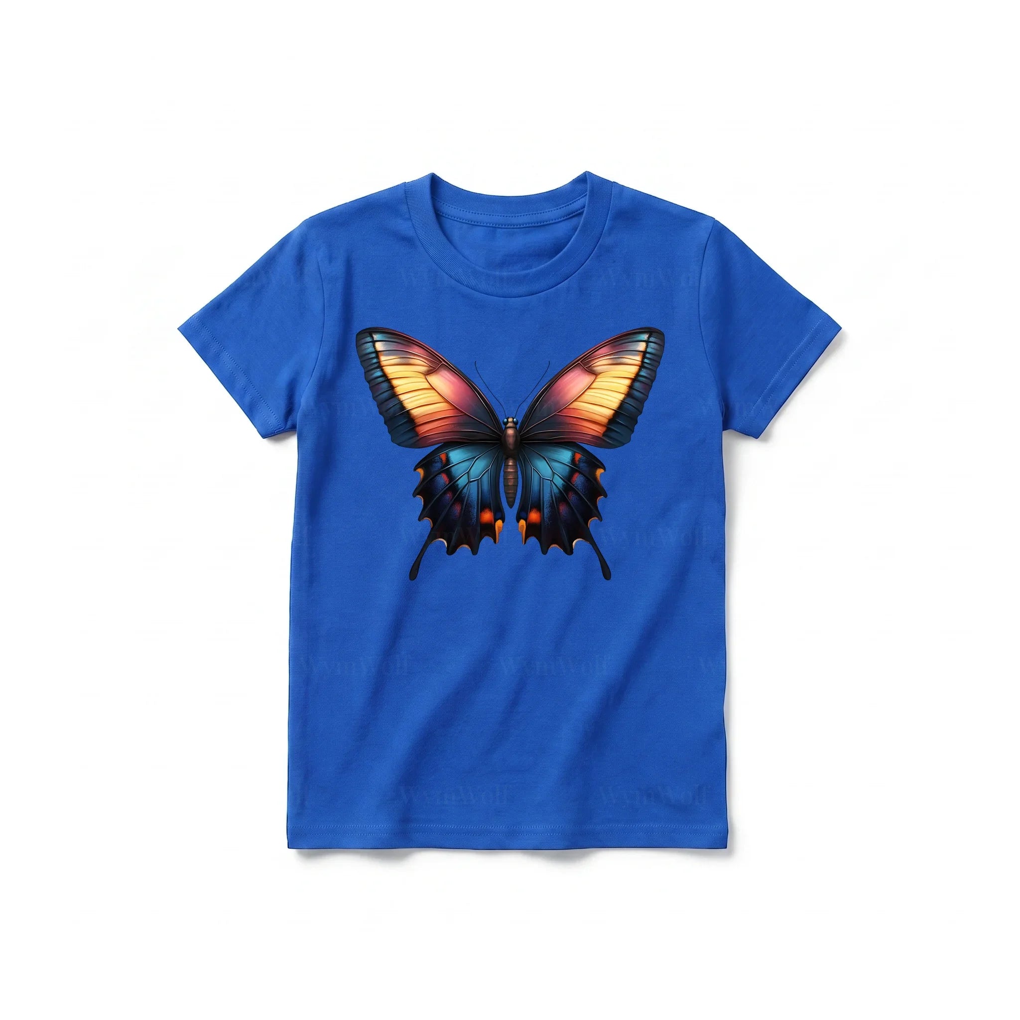 Un T-shirt royal à manches courtes et col rond pour jeune, orné d'un motif représentant un arthropode sur le devant.