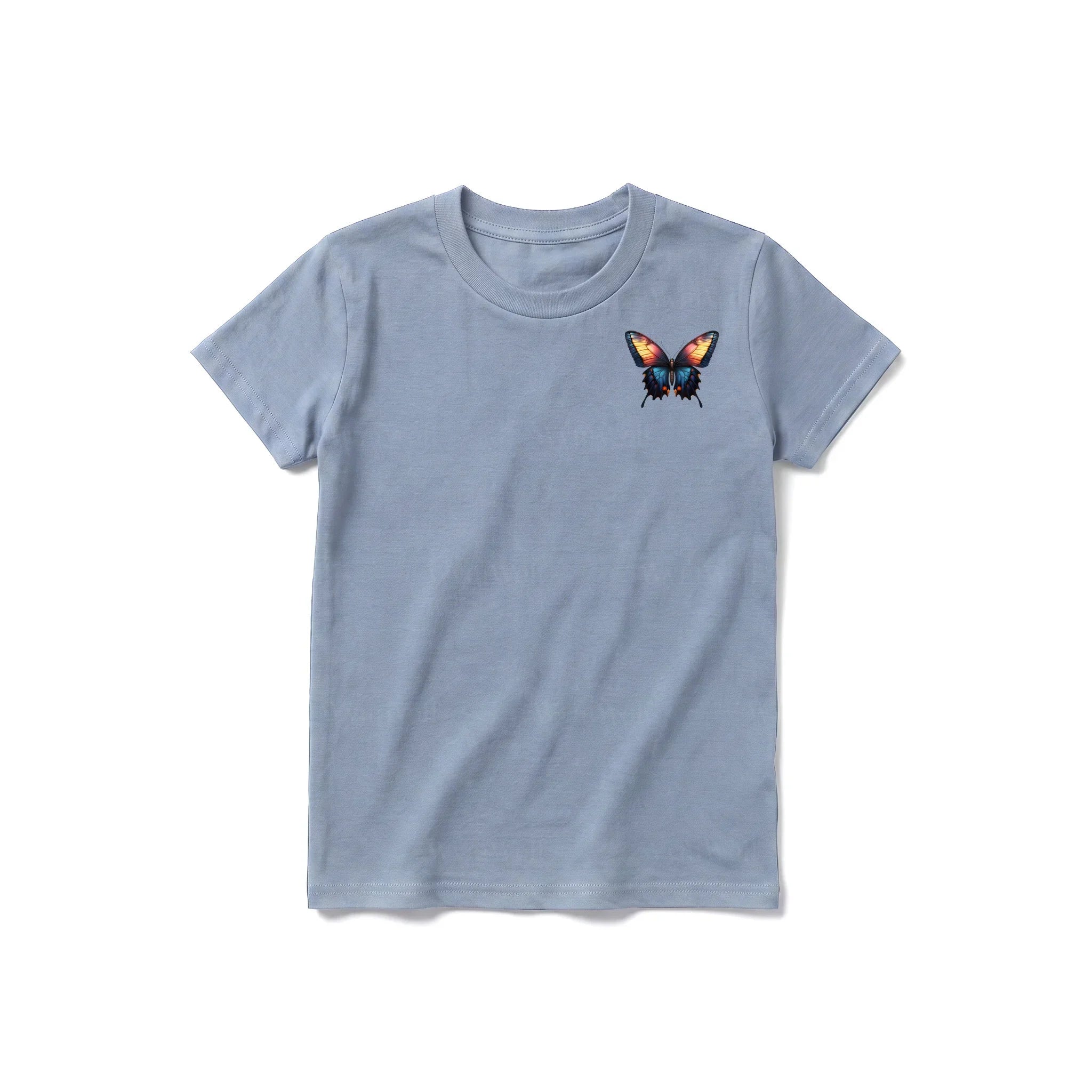 Un T-shirt steel-blue à manches courtes et col rond pour jeune, orné d'un motif représentant un arthropode sur la poitrine gauche.