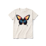 Un T-shirt blanc vintage à manches courtes et col rond pour jeune, orné d'un motif représentant un arthropode sur le devant.
