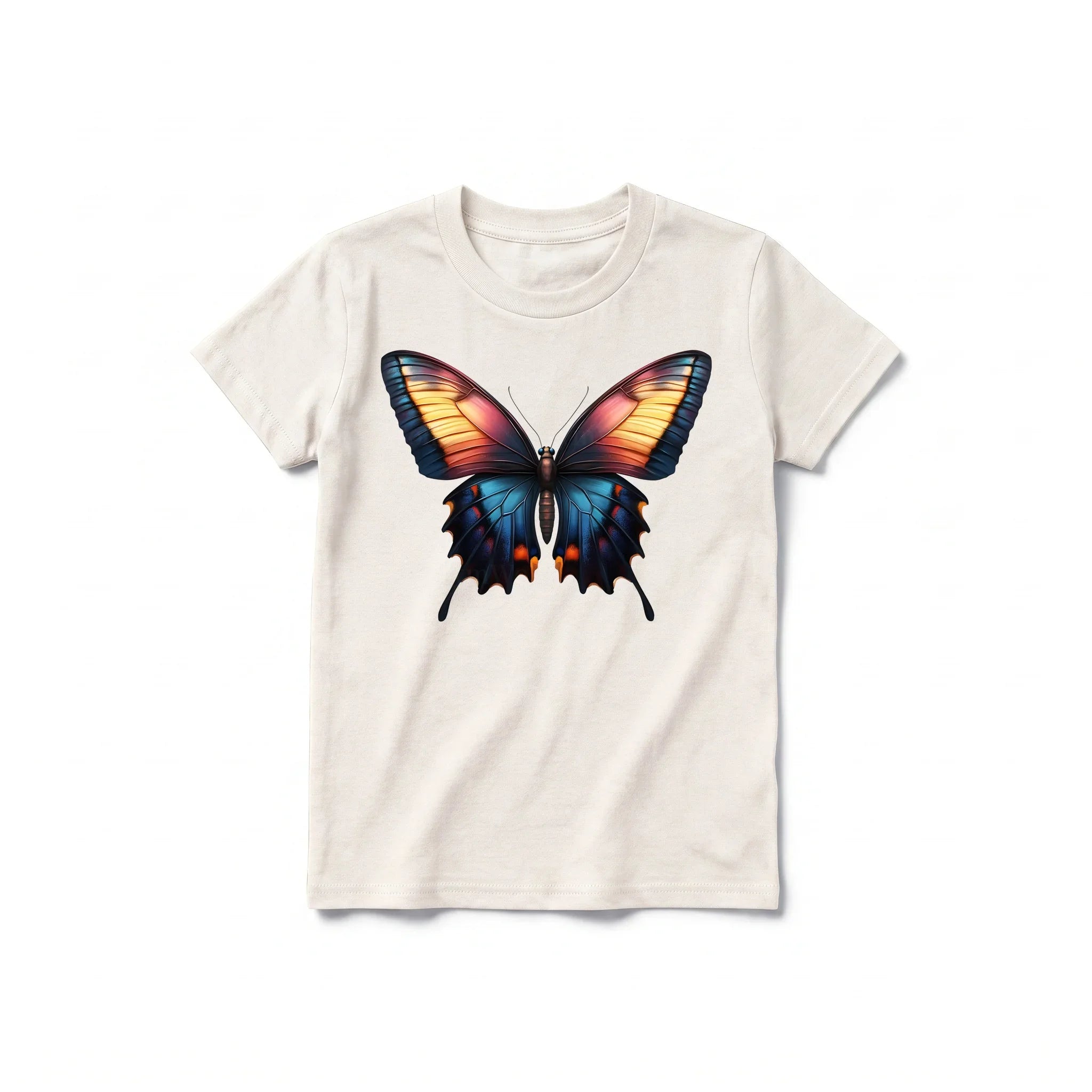 Un T-shirt blanc vintage à manches courtes et col rond pour jeune, orné d'un motif représentant un arthropode sur le devant.