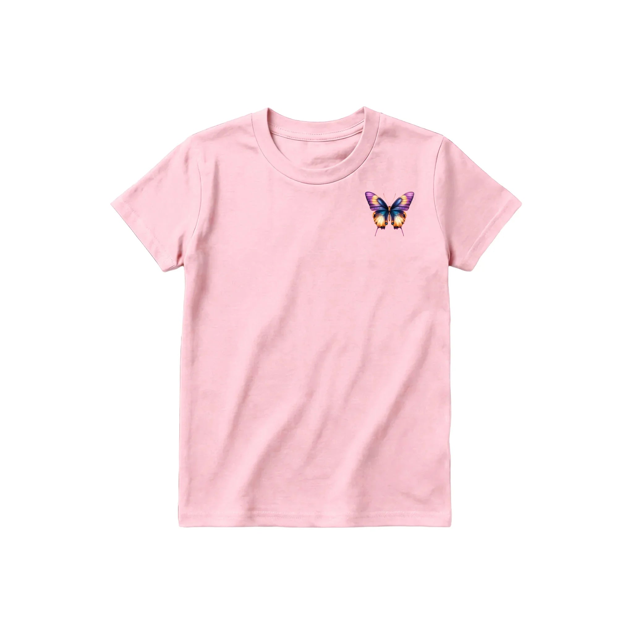 Un T-shirt rose à manches courtes et col rond pour jeune, orné d'un motif représentant un arthropode sur la poitrine gauche.